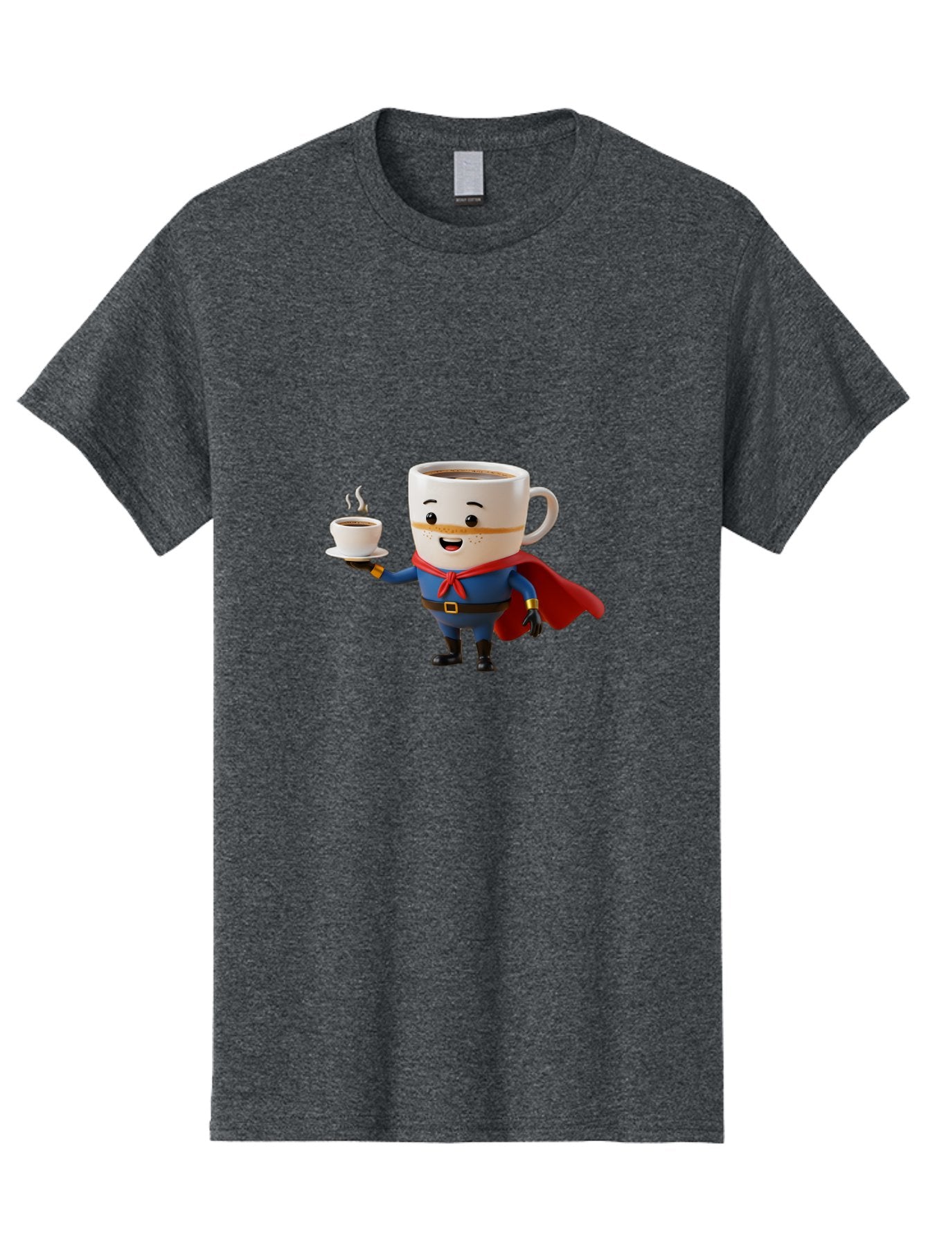 Coffee-Mug-Superhero Men'S Graphic Tee, 100% Cotton, Comfortable Casual Summer Wear, Machine Washable, Cartoon Coffee Mug, Superhero Outfit, Coffee Cup, Steaming Hot Coffee, Red Cape, Blue Uniform, Gold Accents, Quirky Character, Humor, Bab804 12