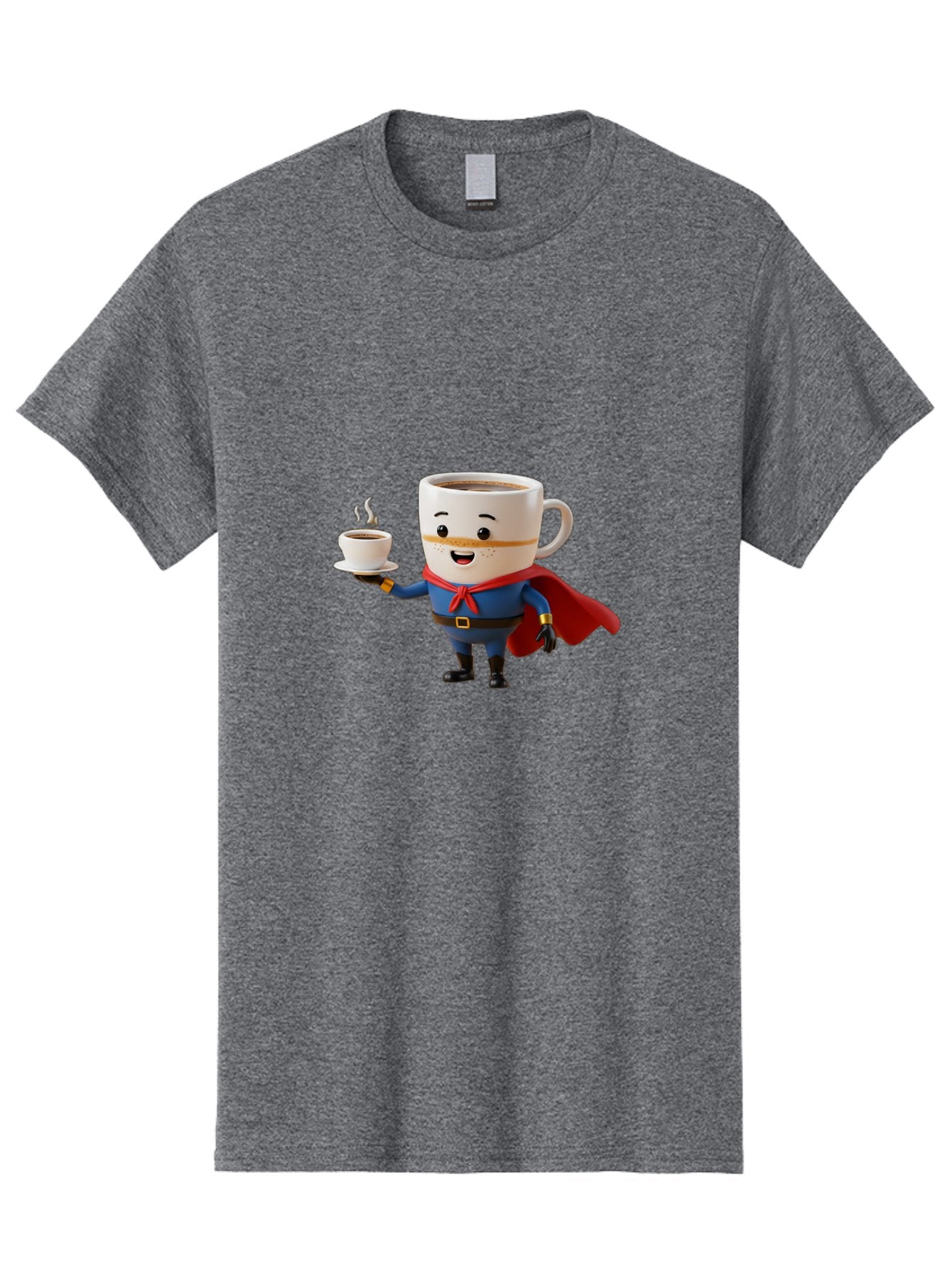 Coffee-Mug-Superhero Men'S Graphic Tee, 100% Cotton, Comfortable Casual Summer Wear, Machine Washable, Cartoon Coffee Mug, Superhero Outfit, Coffee Cup, Steaming Hot Coffee, Red Cape, Blue Uniform, Gold Accents, Quirky Character, Humor, Bab804 10