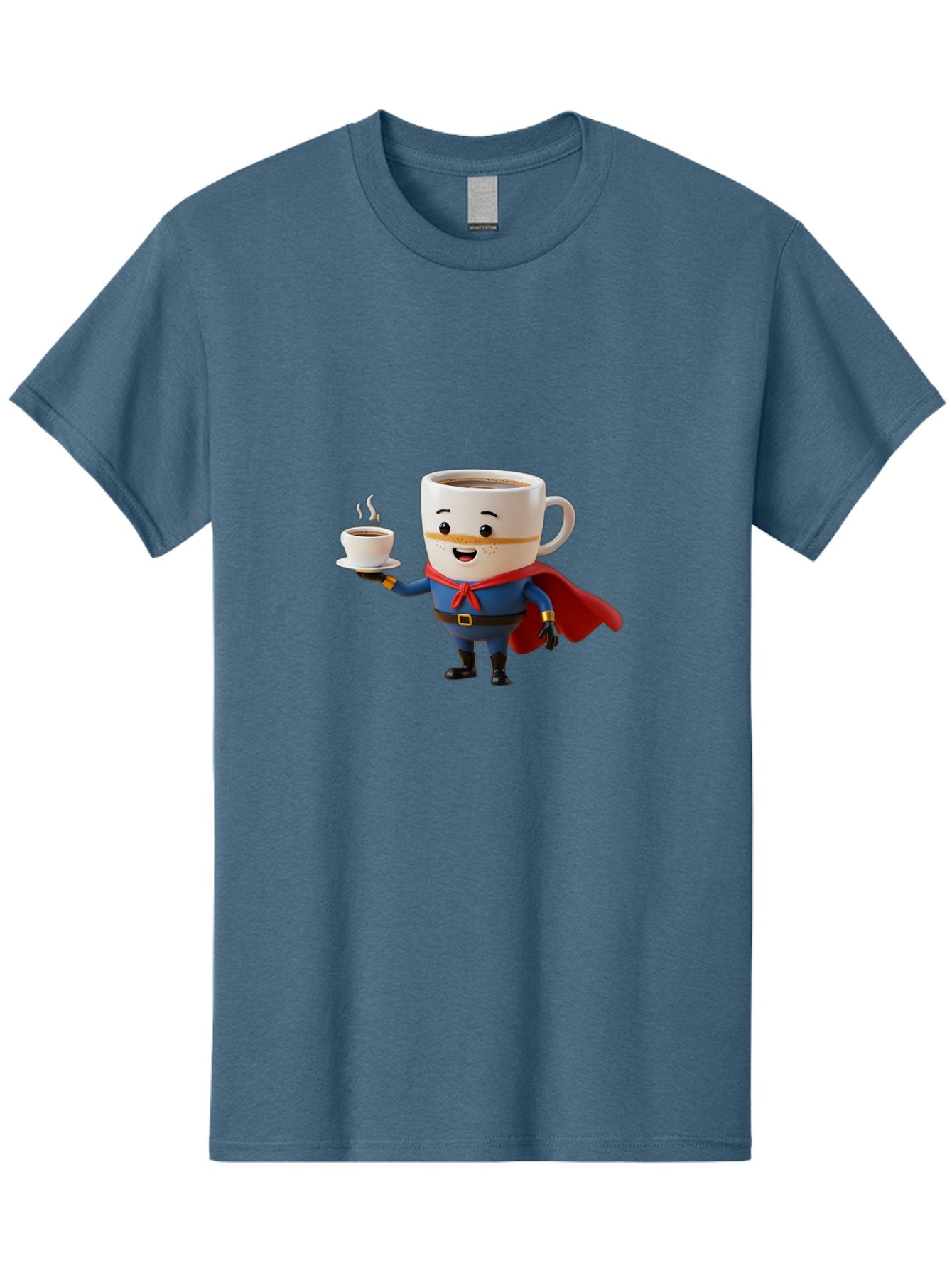 Coffee-Mug-Superhero Men'S Graphic Tee, 100% Cotton, Comfortable Casual Summer Wear, Machine Washable, Cartoon Coffee Mug, Superhero Outfit, Coffee Cup, Steaming Hot Coffee, Red Cape, Blue Uniform, Gold Accents, Quirky Character, Humor, Bab804 11