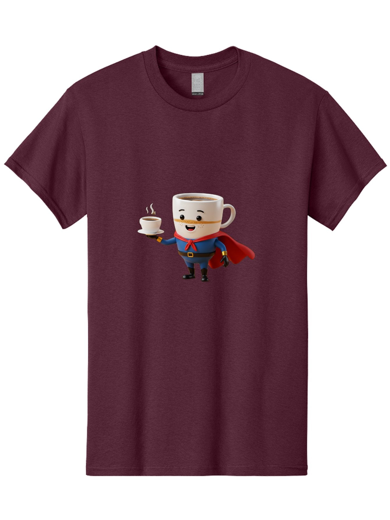 Coffee-Mug-Superhero Men'S Graphic Tee, 100% Cotton, Comfortable Casual Summer Wear, Machine Washable, Cartoon Coffee Mug, Superhero Outfit, Coffee Cup, Steaming Hot Coffee, Red Cape, Blue Uniform, Gold Accents, Quirky Character, Humor, Bab804 13