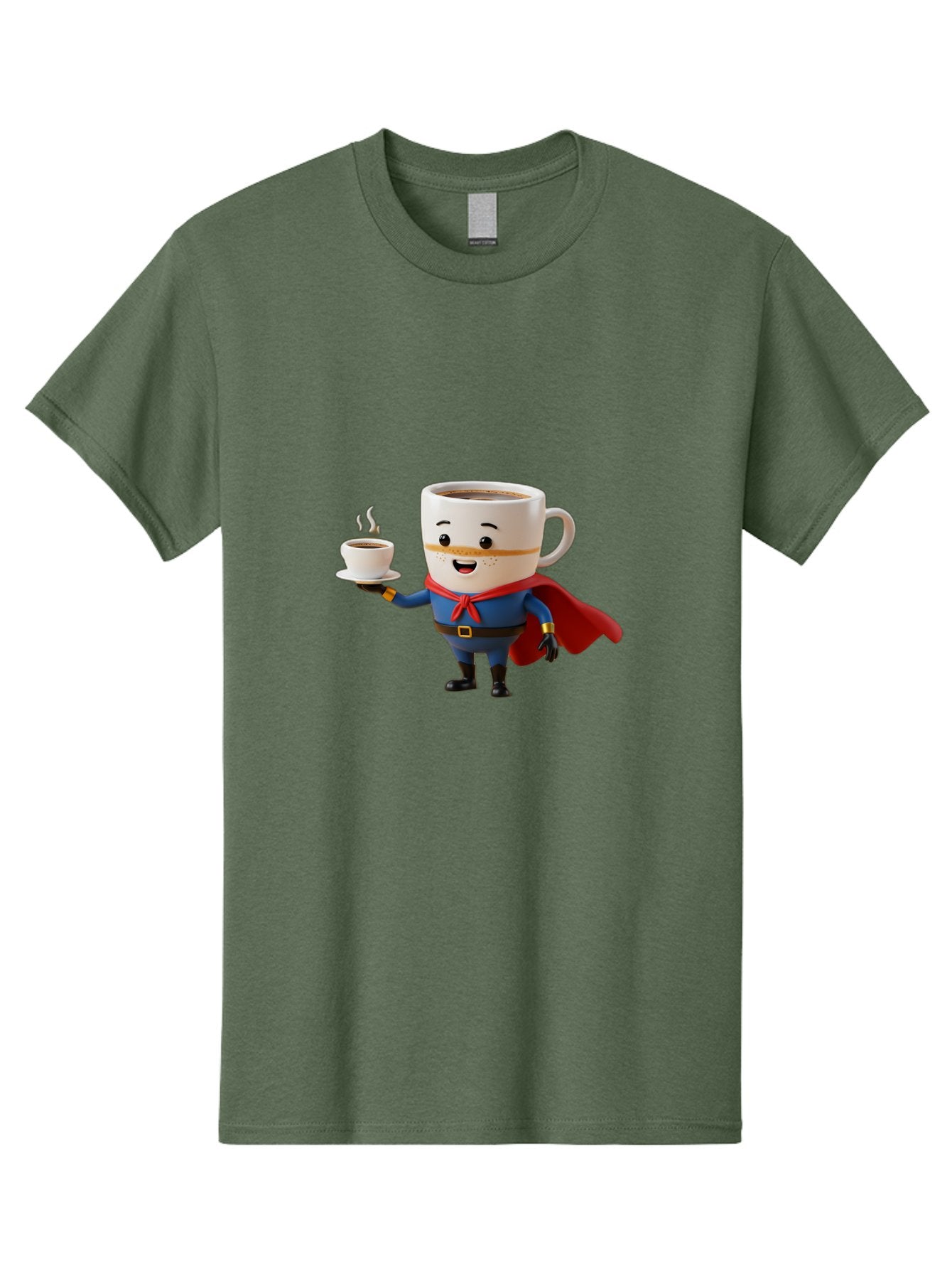 Coffee-Mug-Superhero Men'S Graphic Tee, 100% Cotton, Comfortable Casual Summer Wear, Machine Washable, Cartoon Coffee Mug, Superhero Outfit, Coffee Cup, Steaming Hot Coffee, Red Cape, Blue Uniform, Gold Accents, Quirky Character, Humor, Bab804 14