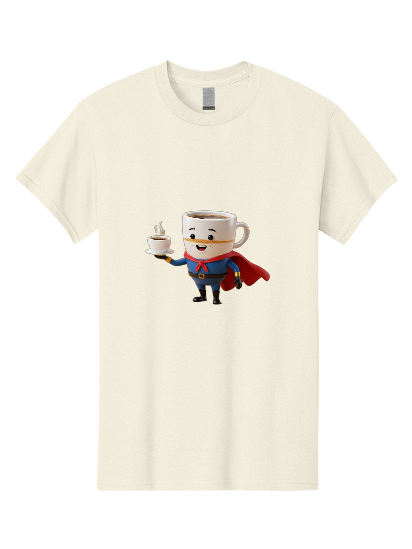 Coffee-Mug-Superhero Men'S Graphic Tee, 100% Cotton, Comfortable Casual Summer Wear, Machine Washable, Cartoon Coffee Mug, Superhero Outfit, Coffee Cup, Steaming Hot Coffee, Red Cape, Blue Uniform, Gold Accents, Quirky Character, Humor, Bab804 15