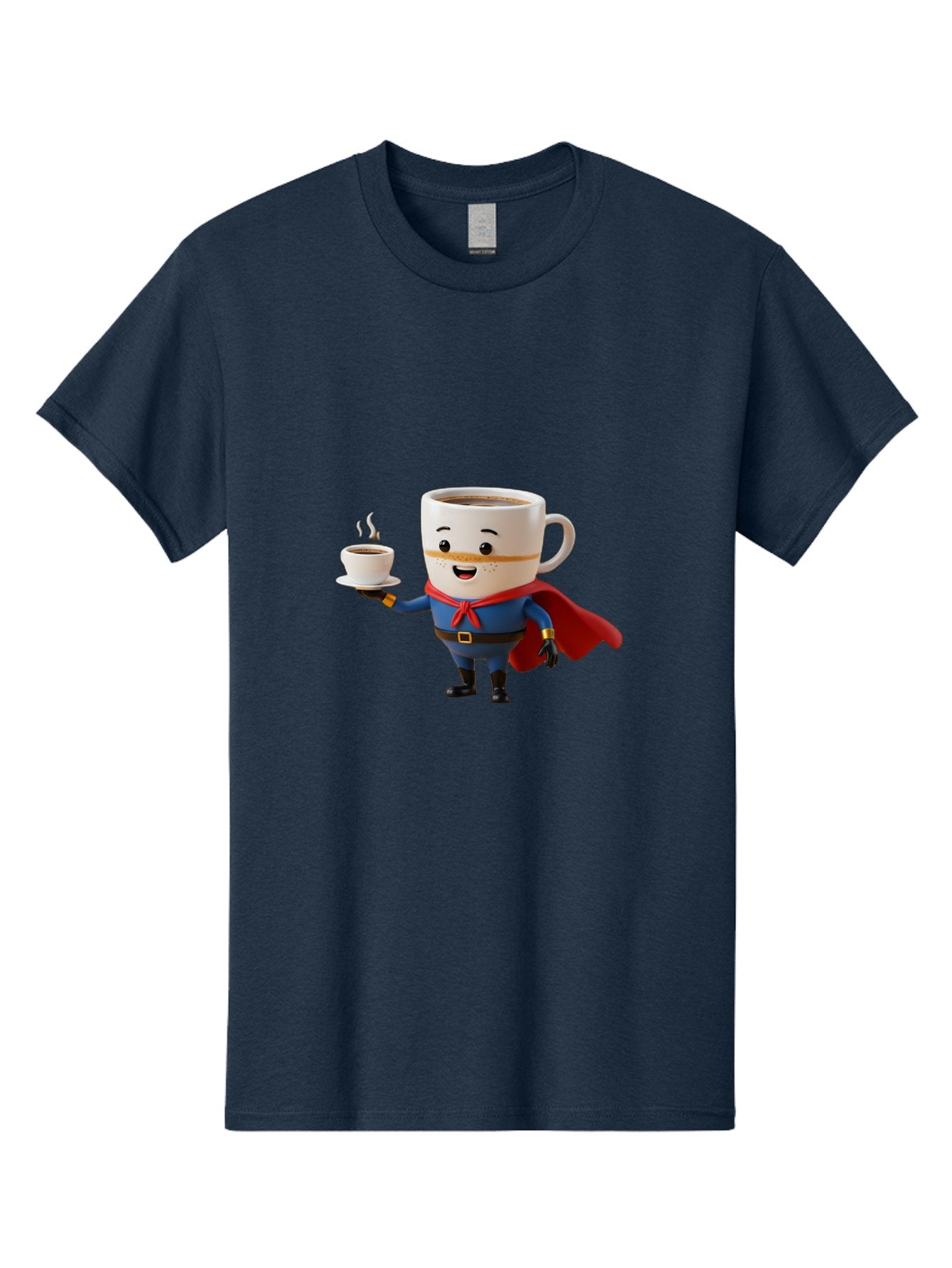Coffee-Mug-Superhero Men'S Graphic Tee, 100% Cotton, Comfortable Casual Summer Wear, Machine Washable, Cartoon Coffee Mug, Superhero Outfit, Coffee Cup, Steaming Hot Coffee, Red Cape, Blue Uniform, Gold Accents, Quirky Character, Humor, Bab804 6