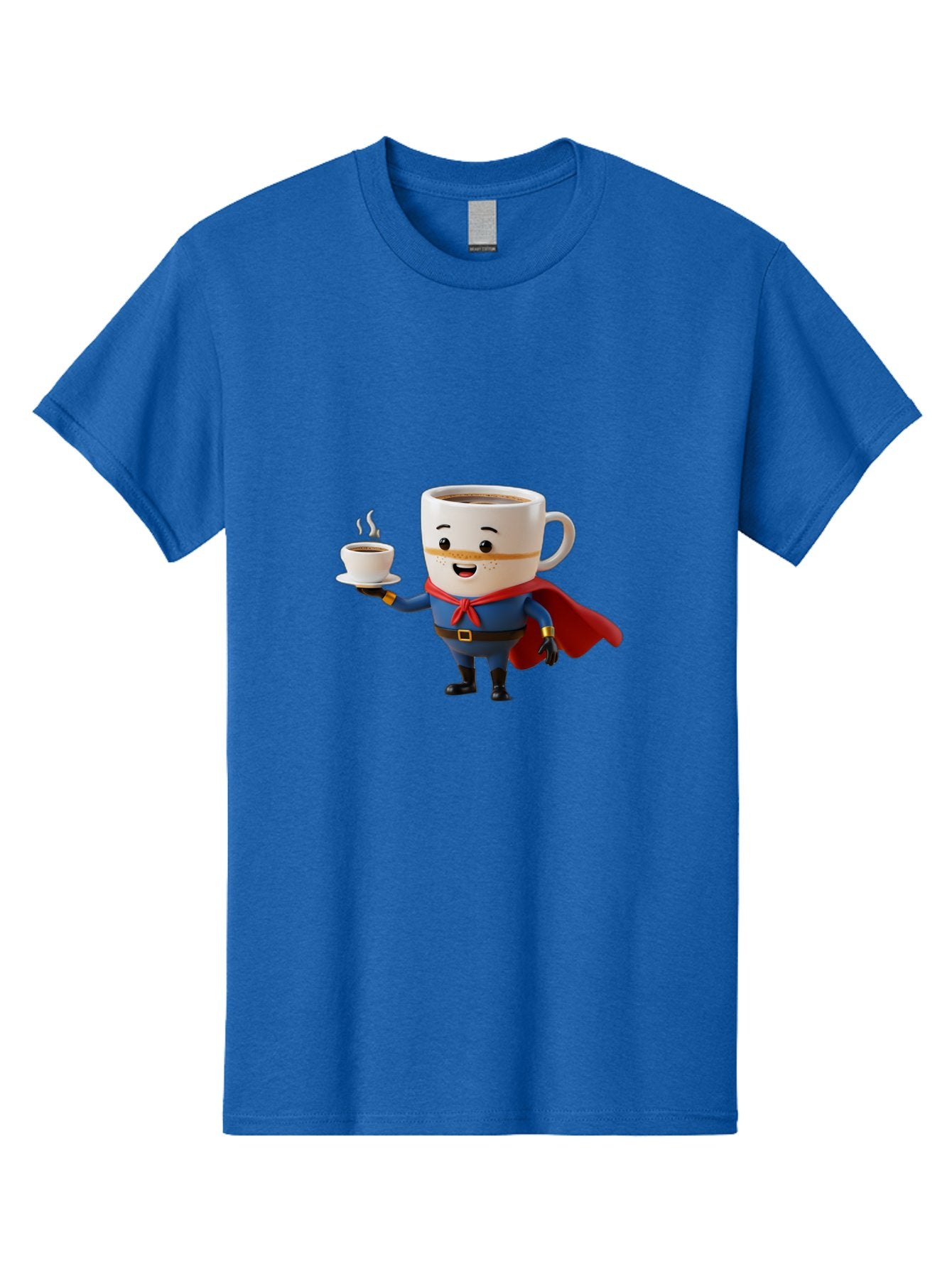 Coffee-Mug-Superhero Men'S Graphic Tee, 100% Cotton, Comfortable Casual Summer Wear, Machine Washable, Cartoon Coffee Mug, Superhero Outfit, Coffee Cup, Steaming Hot Coffee, Red Cape, Blue Uniform, Gold Accents, Quirky Character, Humor, Bab804 8