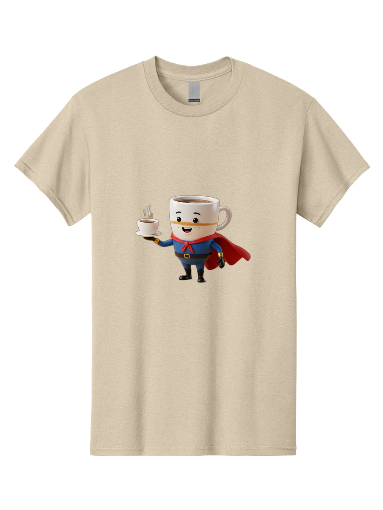 Coffee-Mug-Superhero Men'S Graphic Tee, 100% Cotton, Comfortable Casual Summer Wear, Machine Washable, Cartoon Coffee Mug, Superhero Outfit, Coffee Cup, Steaming Hot Coffee, Red Cape, Blue Uniform, Gold Accents, Quirky Character, Humor, Bab804 7
