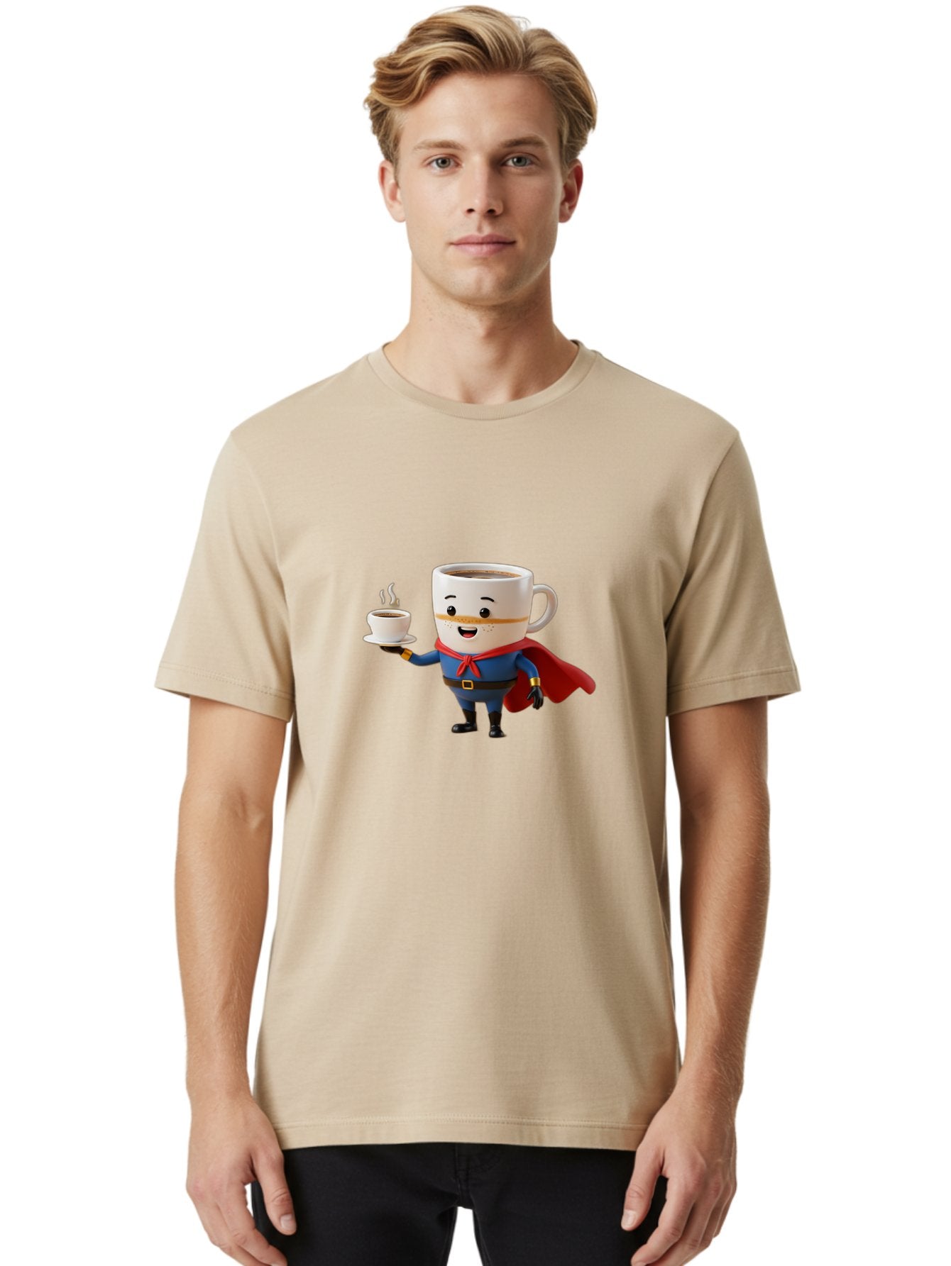 Coffee-Mug-Superhero Men'S Graphic Tee, 100% Cotton, Comfortable Casual Summer Wear, Machine Washable, Cartoon Coffee Mug, Superhero Outfit, Coffee Cup, Steaming Hot Coffee, Red Cape, Blue Uniform, Gold Accents, Quirky Character, Humor, Bab804 16