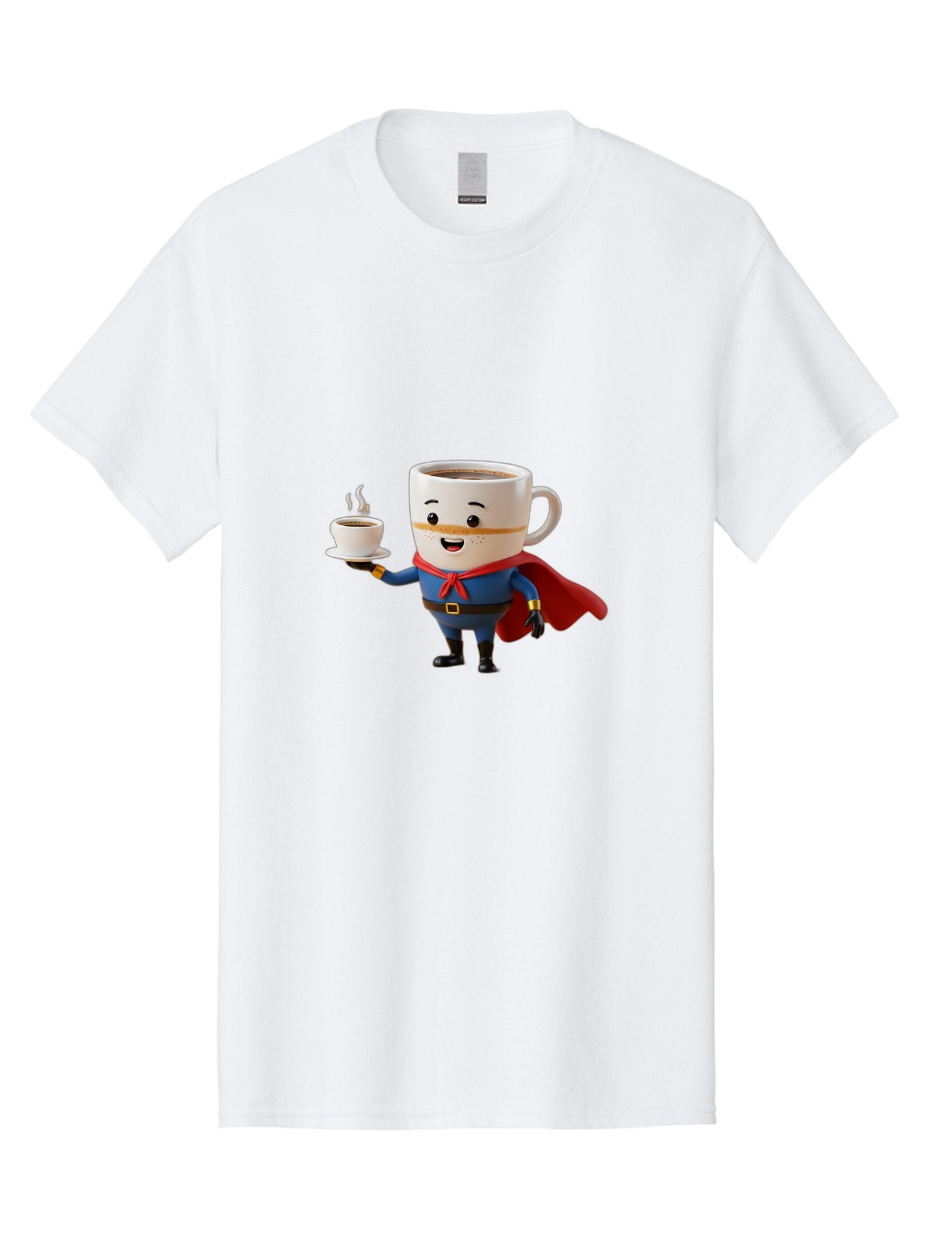 Coffee-Mug-Superhero Men'S Graphic Tee, 100% Cotton, Comfortable Casual Summer Wear, Machine Washable, Cartoon Coffee Mug, Superhero Outfit, Coffee Cup, Steaming Hot Coffee, Red Cape, Blue Uniform, Gold Accents, Quirky Character, Humor, Bab804 9