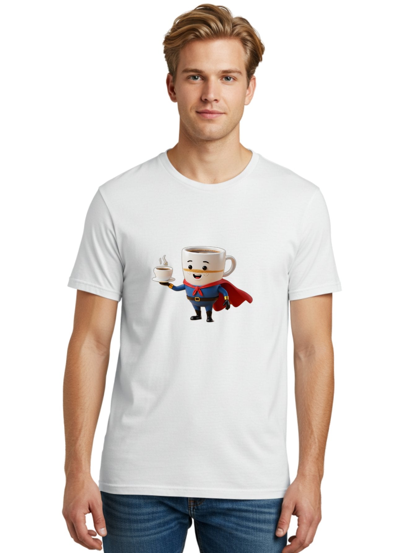 Coffee-Mug-Superhero Men'S Graphic Tee, 100% Cotton, Comfortable Casual Summer Wear, Machine Washable, Cartoon Coffee Mug, Superhero Outfit, Coffee Cup, Steaming Hot Coffee, Red Cape, Blue Uniform, Gold Accents, Quirky Character, Humor, Bab804 26