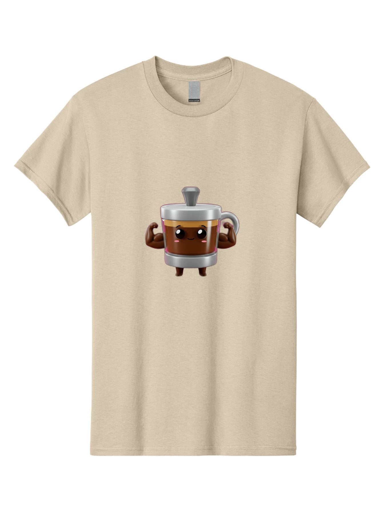 Coffee-Mug Men'S Graphic Tee, 100% Cotton, Comfortable Casual Summer Wear, Machine Washable, Cartoon Coffee Cup, Flexing Arms, Happy Face, Silver Lid, Brown Coffee, Espresso, Morning Pick-Me-Up, Caffeine Boost, Funny Character, 3D Illustration Bab805 3