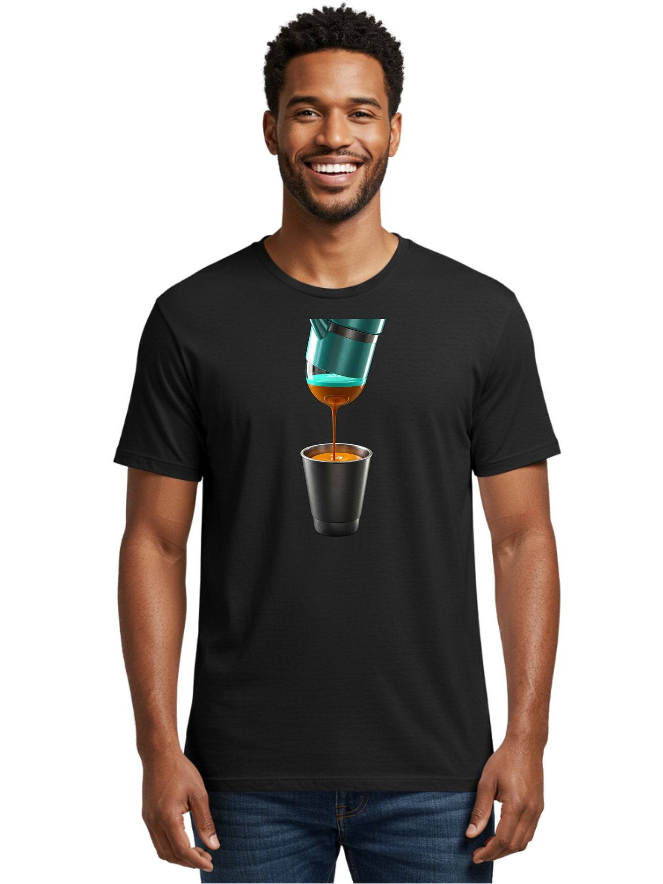 Coffee-Pouring Men'S Graphic Tee, 100% Cotton, Comfortable Casual Summer Wear, Machine Washable, Espresso Being Poured, Coffee Machine, Dark Brown Liquid, Small Black Cup, Crema On Top, Coffee Lover, Morning Routine, Espresso Shot Bab807 20