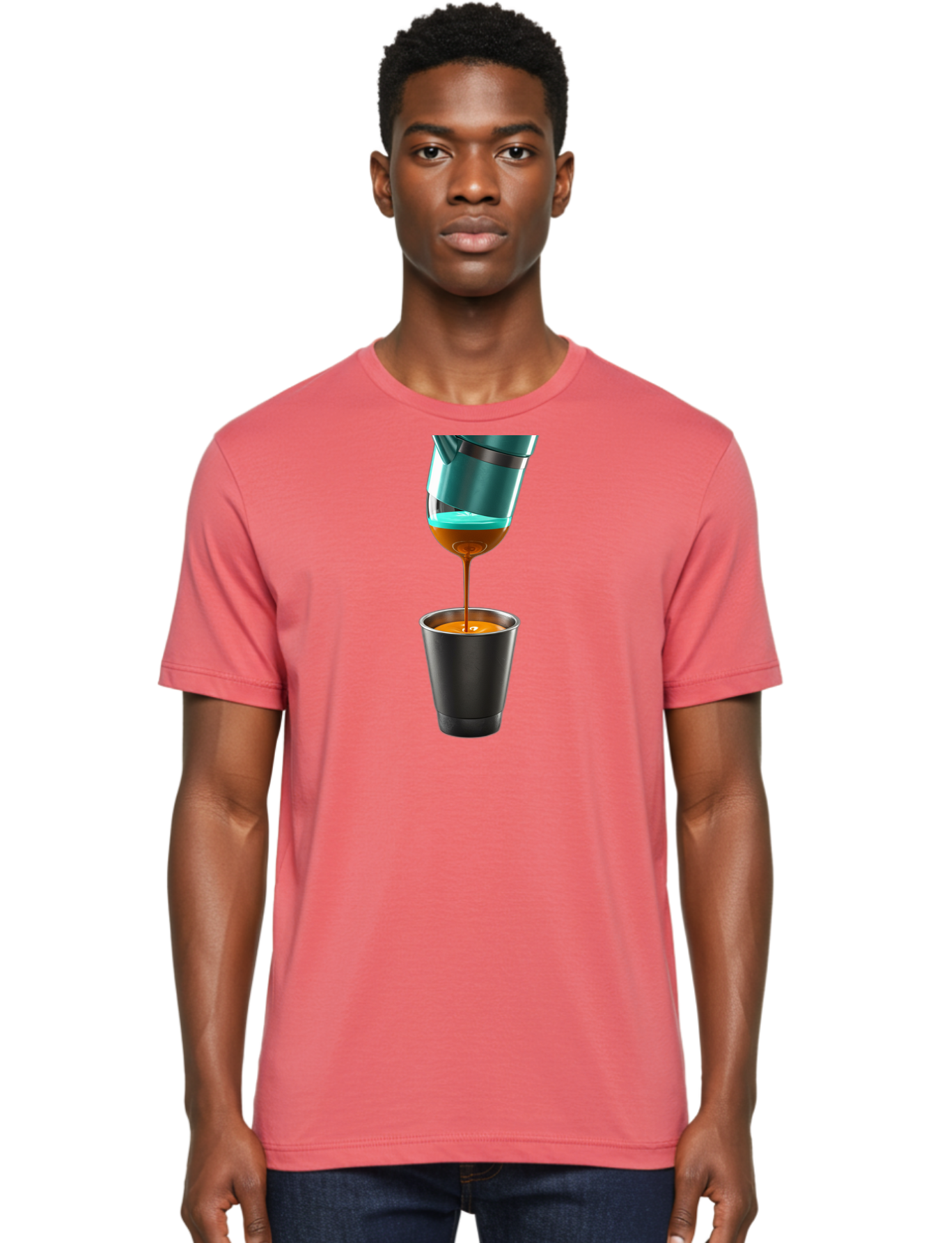 Coffee-Pouring Men'S Graphic Tee, 100% Cotton, Comfortable Casual Summer Wear, Machine Washable, Espresso Being Poured, Coffee Machine, Dark Brown Liquid, Small Black Cup, Crema On Top, Coffee Lover, Morning Routine, Espresso Shot Bab807 25