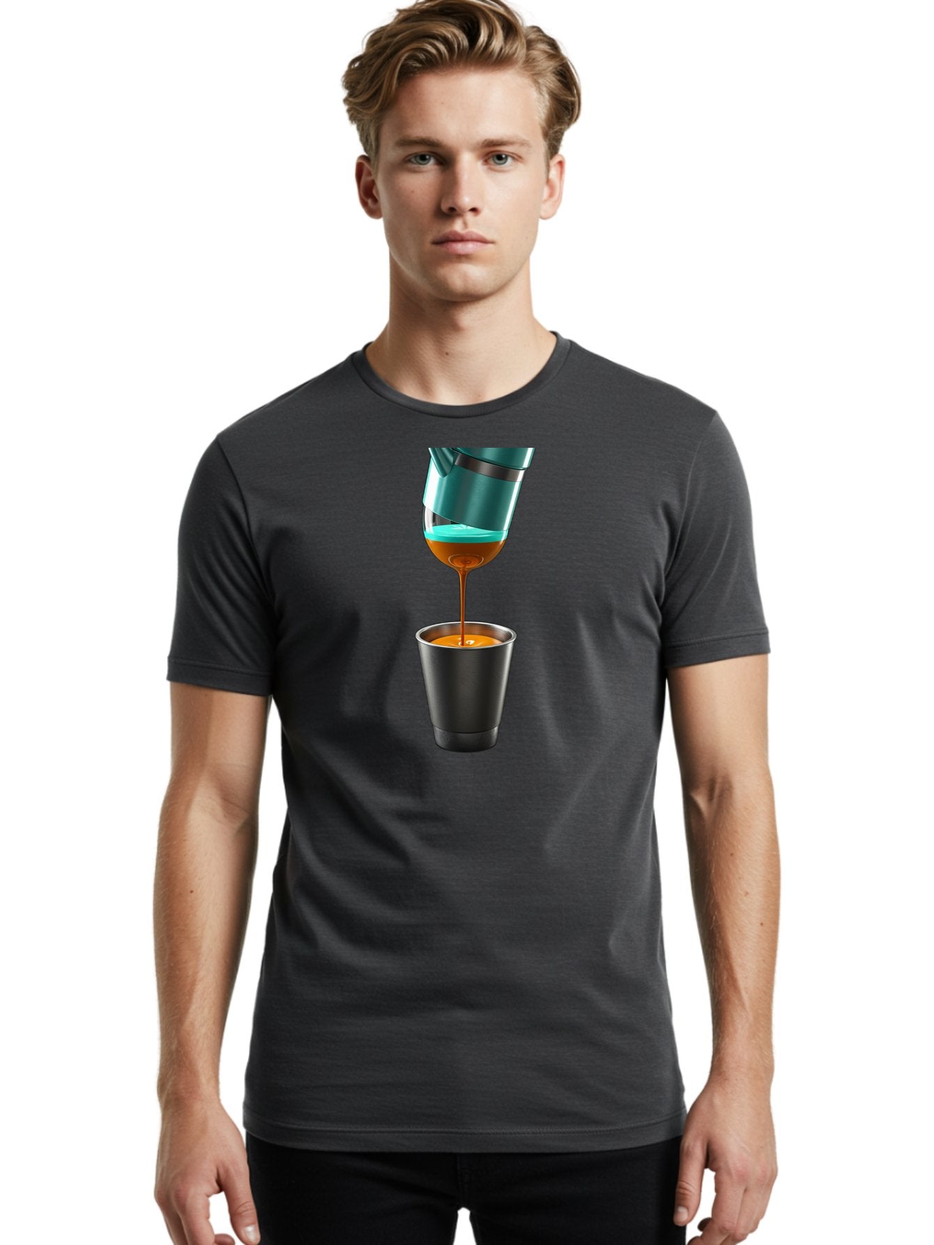 Coffee-Pouring Men'S Graphic Tee, 100% Cotton, Comfortable Casual Summer Wear, Machine Washable, Espresso Being Poured, Coffee Machine, Dark Brown Liquid, Small Black Cup, Crema On Top, Coffee Lover, Morning Routine, Espresso Shot Bab807 19