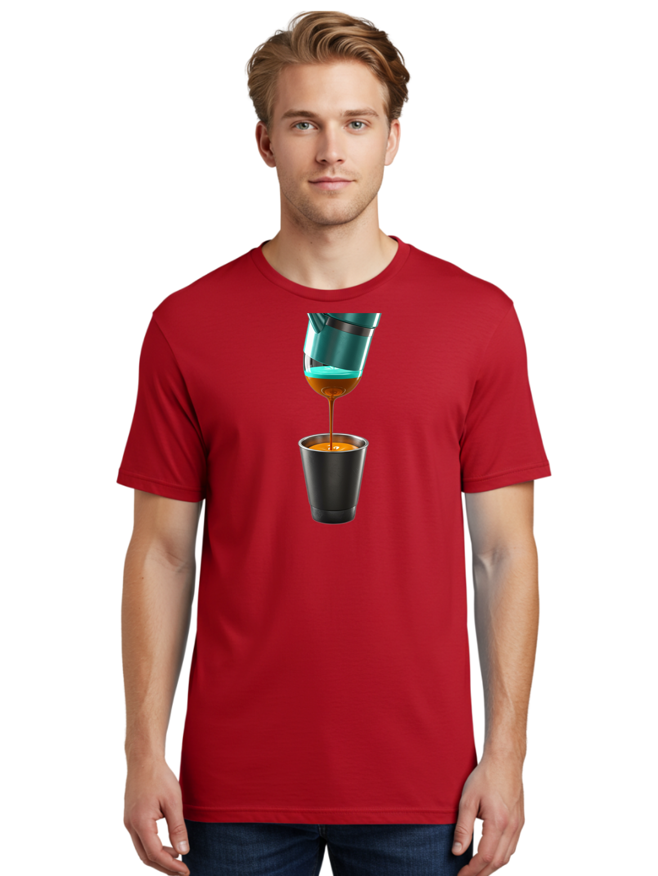 Coffee-Pouring Men'S Graphic Tee, 100% Cotton, Comfortable Casual Summer Wear, Machine Washable, Espresso Being Poured, Coffee Machine, Dark Brown Liquid, Small Black Cup, Crema On Top, Coffee Lover, Morning Routine, Espresso Shot Bab807 24