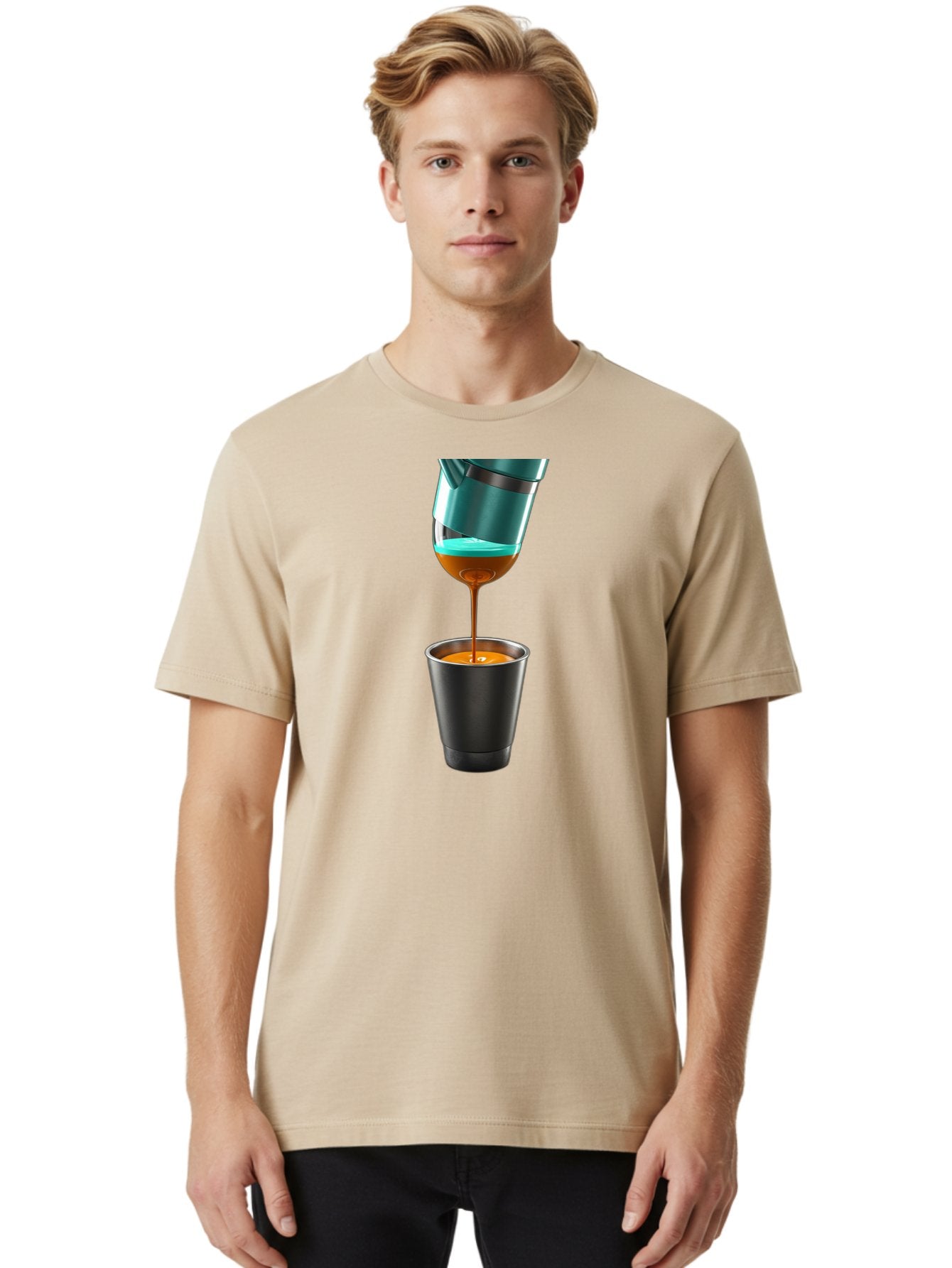 Coffee-Pouring Men'S Graphic Tee, 100% Cotton, Comfortable Casual Summer Wear, Machine Washable, Espresso Being Poured, Coffee Machine, Dark Brown Liquid, Small Black Cup, Crema On Top, Coffee Lover, Morning Routine, Espresso Shot Bab807 26