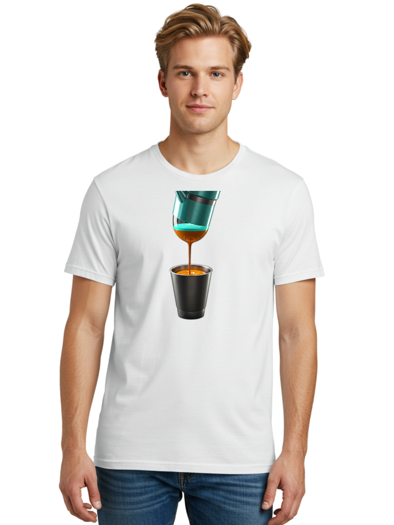 Coffee-Pouring Men'S Graphic Tee, 100% Cotton, Comfortable Casual Summer Wear, Machine Washable, Espresso Being Poured, Coffee Machine, Dark Brown Liquid, Small Black Cup, Crema On Top, Coffee Lover, Morning Routine, Espresso Shot Bab807 17