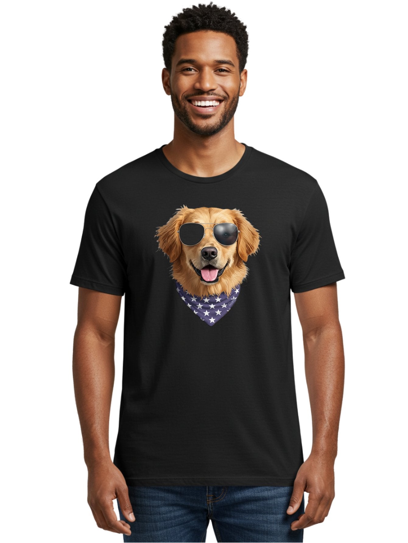 Cool-Dog-1 Men'S Graphic Tee, 100% Cotton, Comfortable Casual Summer Wear, Machine Washable, Funny Dog, Golden Retriever, Sunglasses, Patriotic Bandana, White Stars, Cool Canine, Dog Portrait, Stylish Pet, Playful Pup, American Flag Style Bab812 19