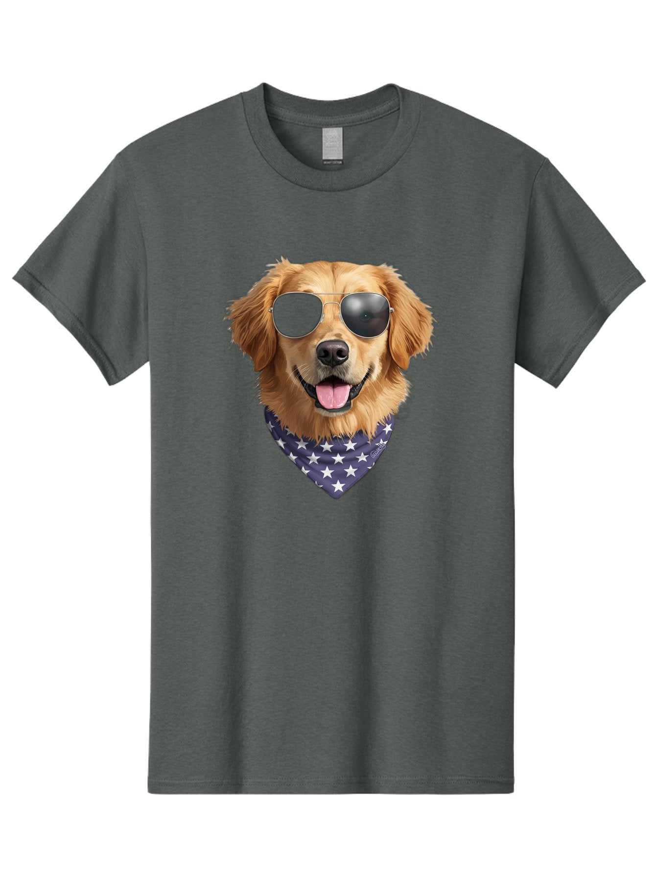 Cool-Dog-1 Men'S Graphic Tee, 100% Cotton, Comfortable Casual Summer Wear, Machine Washable, Funny Dog, Golden Retriever, Sunglasses, Patriotic Bandana, White Stars, Cool Canine, Dog Portrait, Stylish Pet, Playful Pup, American Flag Style Bab812