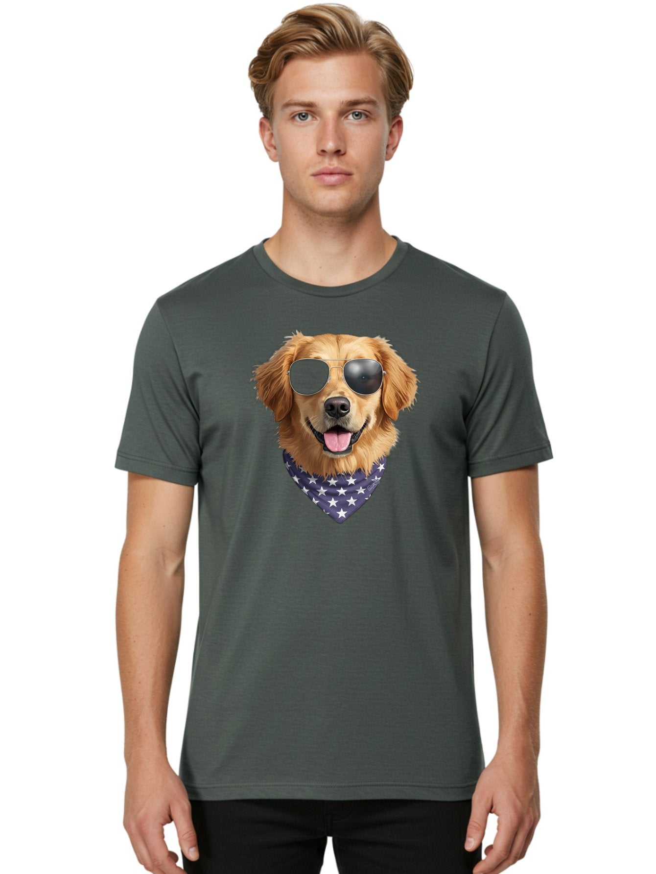 Cool-Dog-1 Men'S Graphic Tee, 100% Cotton, Comfortable Casual Summer Wear, Machine Washable, Funny Dog, Golden Retriever, Sunglasses, Patriotic Bandana, White Stars, Cool Canine, Dog Portrait, Stylish Pet, Playful Pup, American Flag Style Bab812 21