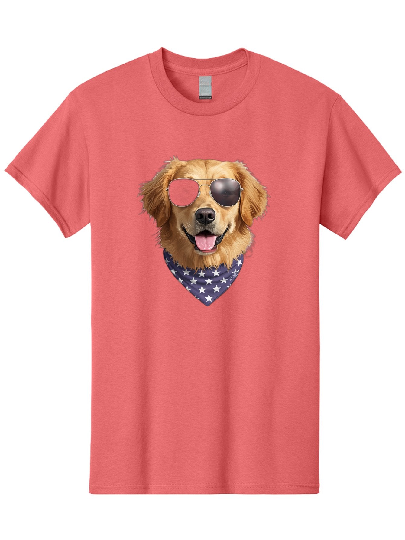 Cool-Dog-1 Men'S Graphic Tee, 100% Cotton, Comfortable Casual Summer Wear, Machine Washable, Funny Dog, Golden Retriever, Sunglasses, Patriotic Bandana, White Stars, Cool Canine, Dog Portrait, Stylish Pet, Playful Pup, American Flag Style Bab812 13