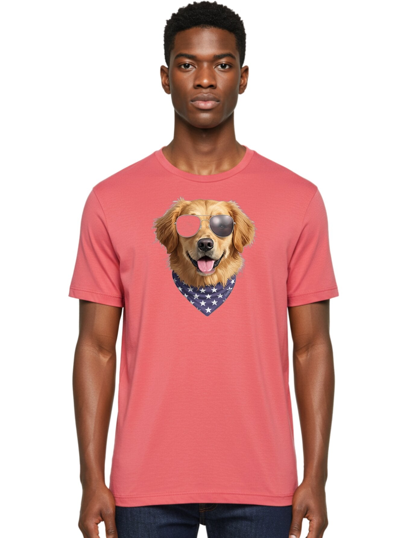 Cool-Dog-1 Men'S Graphic Tee, 100% Cotton, Comfortable Casual Summer Wear, Machine Washable, Funny Dog, Golden Retriever, Sunglasses, Patriotic Bandana, White Stars, Cool Canine, Dog Portrait, Stylish Pet, Playful Pup, American Flag Style Bab812 20