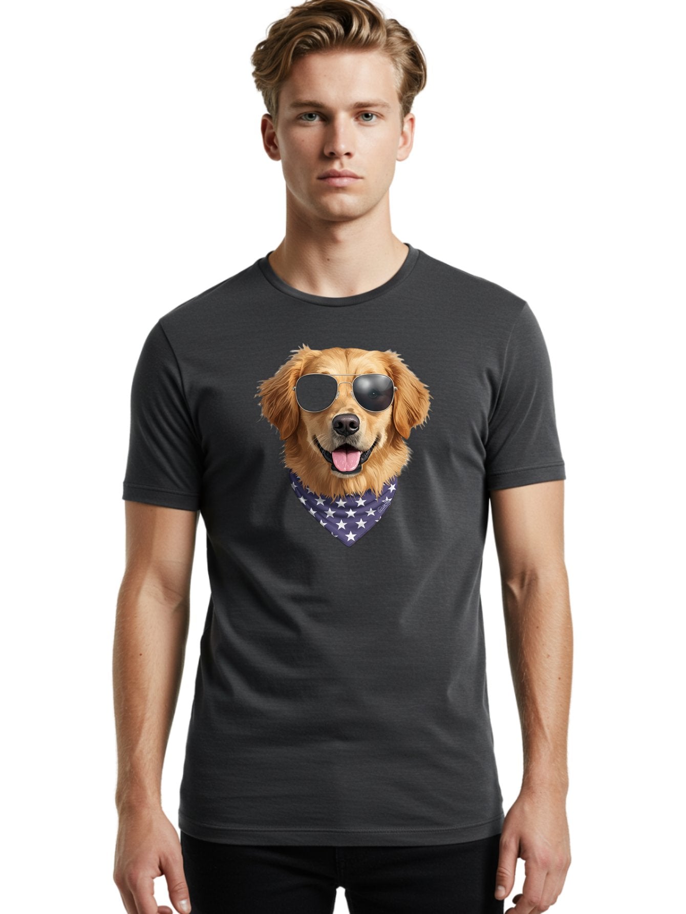 Cool-Dog-1 Men'S Graphic Tee, 100% Cotton, Comfortable Casual Summer Wear, Machine Washable, Funny Dog, Golden Retriever, Sunglasses, Patriotic Bandana, White Stars, Cool Canine, Dog Portrait, Stylish Pet, Playful Pup, American Flag Style Bab812 26