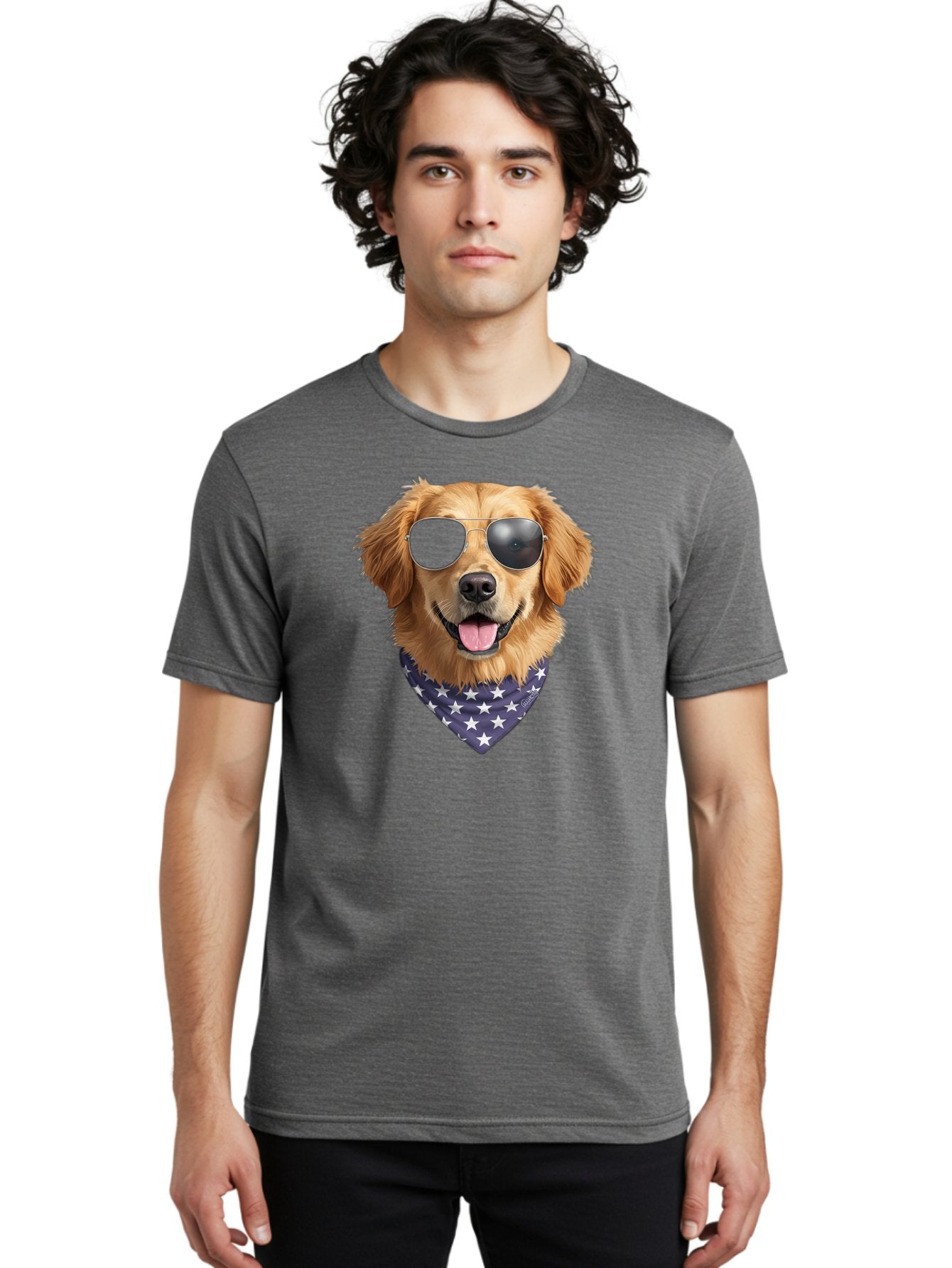 Cool-Dog-1 Men'S Graphic Tee, 100% Cotton, Comfortable Casual Summer Wear, Machine Washable, Funny Dog, Golden Retriever, Sunglasses, Patriotic Bandana, White Stars, Cool Canine, Dog Portrait, Stylish Pet, Playful Pup, American Flag Style Bab812 22