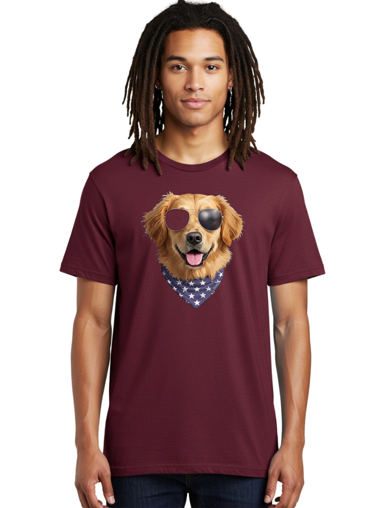 Cool-Dog-1 Men'S Graphic Tee, 100% Cotton, Comfortable Casual Summer Wear, Machine Washable, Funny Dog, Golden Retriever, Sunglasses, Patriotic Bandana, White Stars, Cool Canine, Dog Portrait, Stylish Pet, Playful Pup, American Flag Style Bab812 27