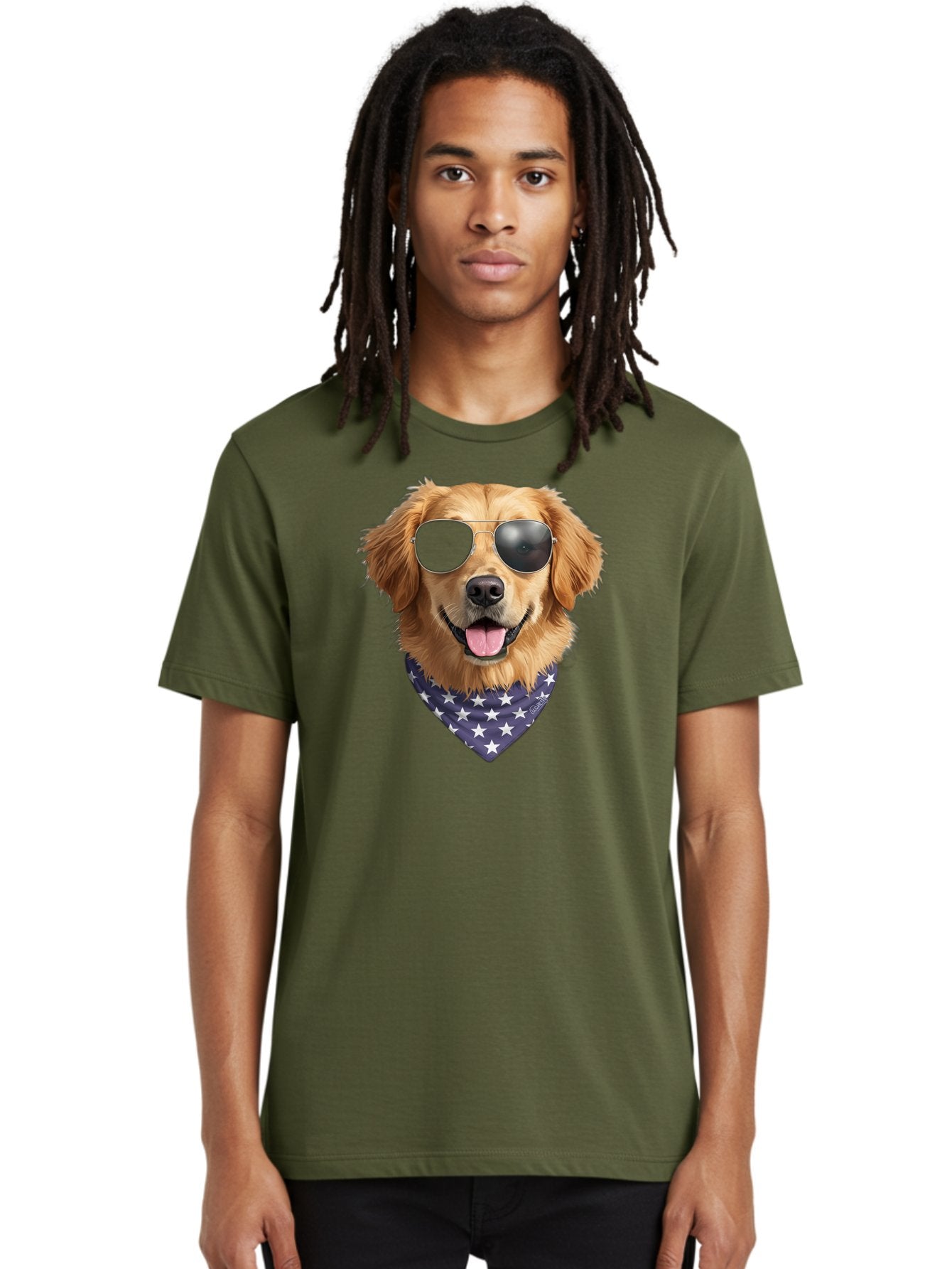 Cool-Dog-1 Men'S Graphic Tee, 100% Cotton, Comfortable Casual Summer Wear, Machine Washable, Funny Dog, Golden Retriever, Sunglasses, Patriotic Bandana, White Stars, Cool Canine, Dog Portrait, Stylish Pet, Playful Pup, American Flag Style Bab812 16