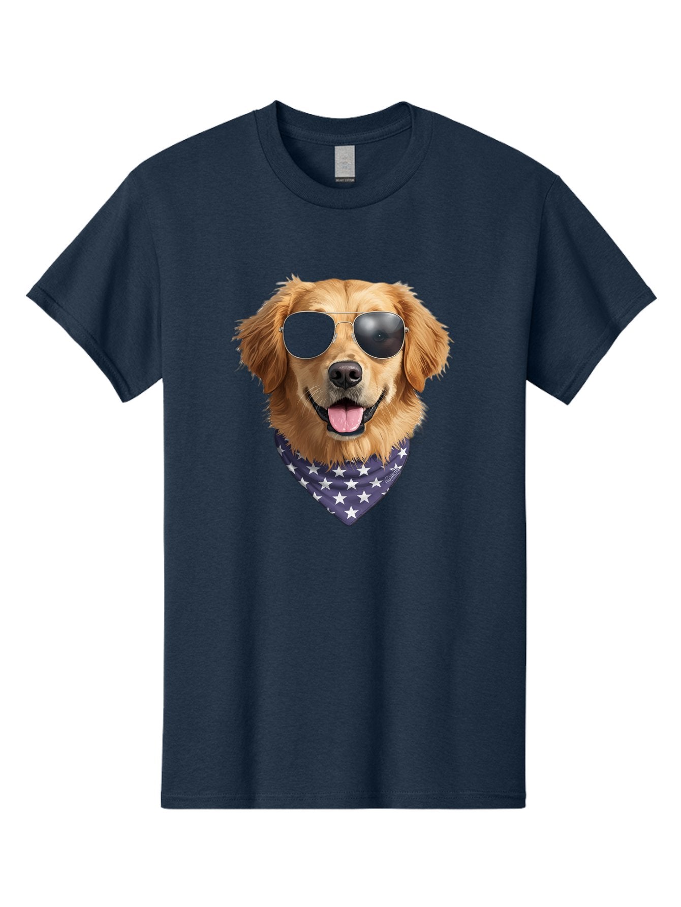 Cool-Dog-1 Men'S Graphic Tee, 100% Cotton, Comfortable Casual Summer Wear, Machine Washable, Funny Dog, Golden Retriever, Sunglasses, Patriotic Bandana, White Stars, Cool Canine, Dog Portrait, Stylish Pet, Playful Pup, American Flag Style Bab812 12