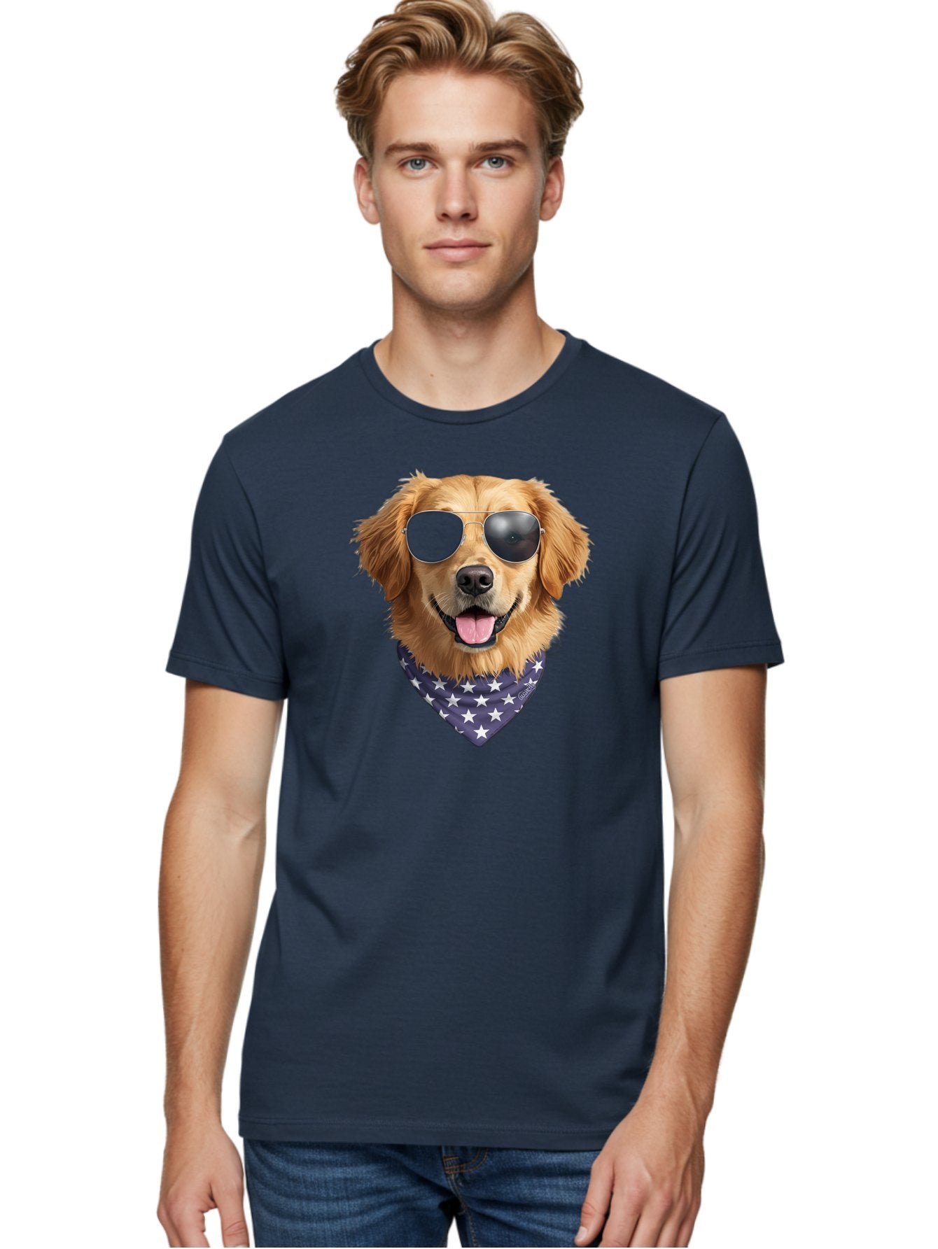 Cool-Dog-1 Men'S Graphic Tee, 100% Cotton, Comfortable Casual Summer Wear, Machine Washable, Funny Dog, Golden Retriever, Sunglasses, Patriotic Bandana, White Stars, Cool Canine, Dog Portrait, Stylish Pet, Playful Pup, American Flag Style Bab812 28