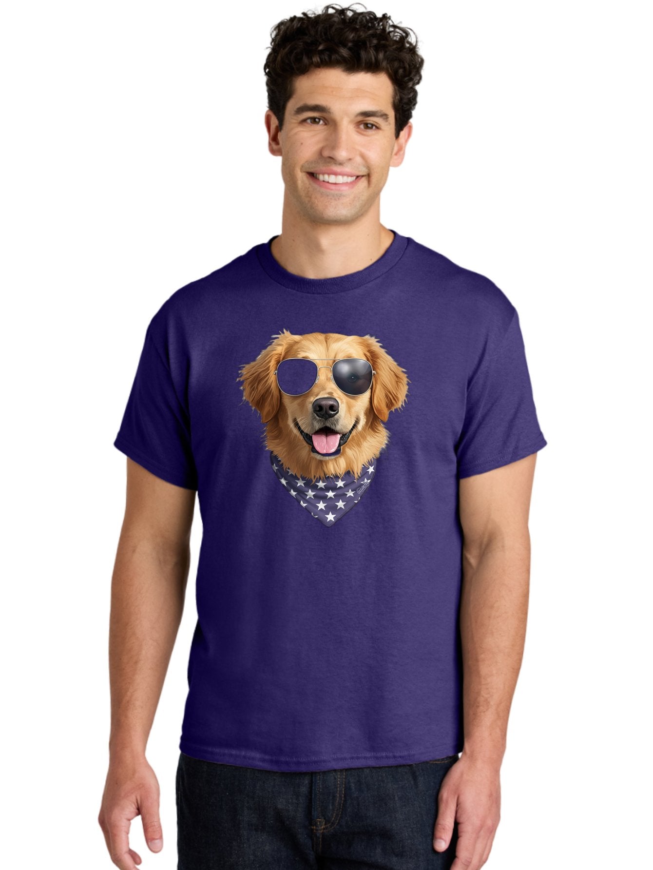 Cool-Dog-1 Men'S Graphic Tee, 100% Cotton, Comfortable Casual Summer Wear, Machine Washable, Funny Dog, Golden Retriever, Sunglasses, Patriotic Bandana, White Stars, Cool Canine, Dog Portrait, Stylish Pet, Playful Pup, American Flag Style Bab812 17