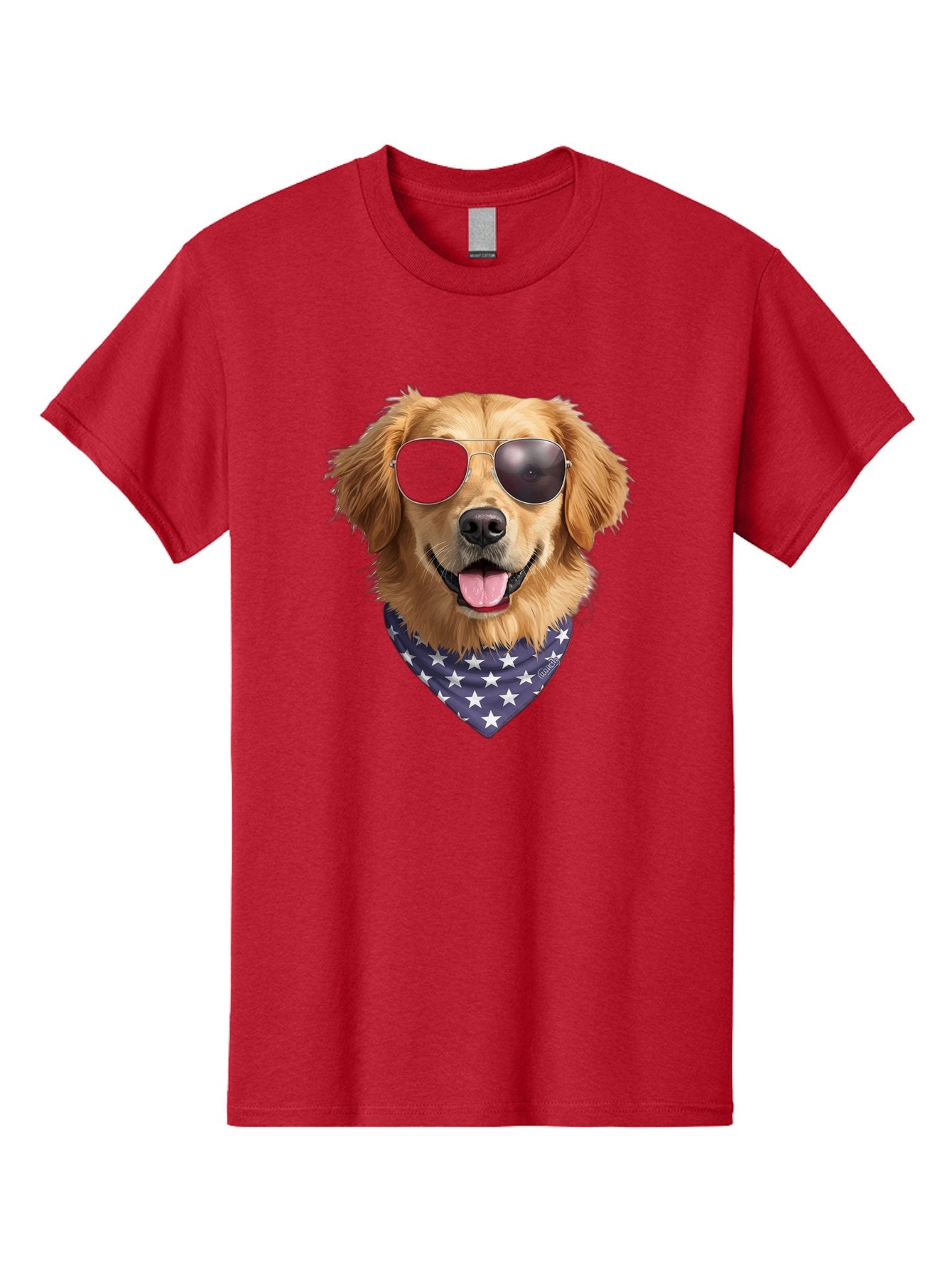 Cool-Dog-1 Men'S Graphic Tee, 100% Cotton, Comfortable Casual Summer Wear, Machine Washable, Funny Dog, Golden Retriever, Sunglasses, Patriotic Bandana, White Stars, Cool Canine, Dog Portrait, Stylish Pet, Playful Pup, American Flag Style Bab812 5