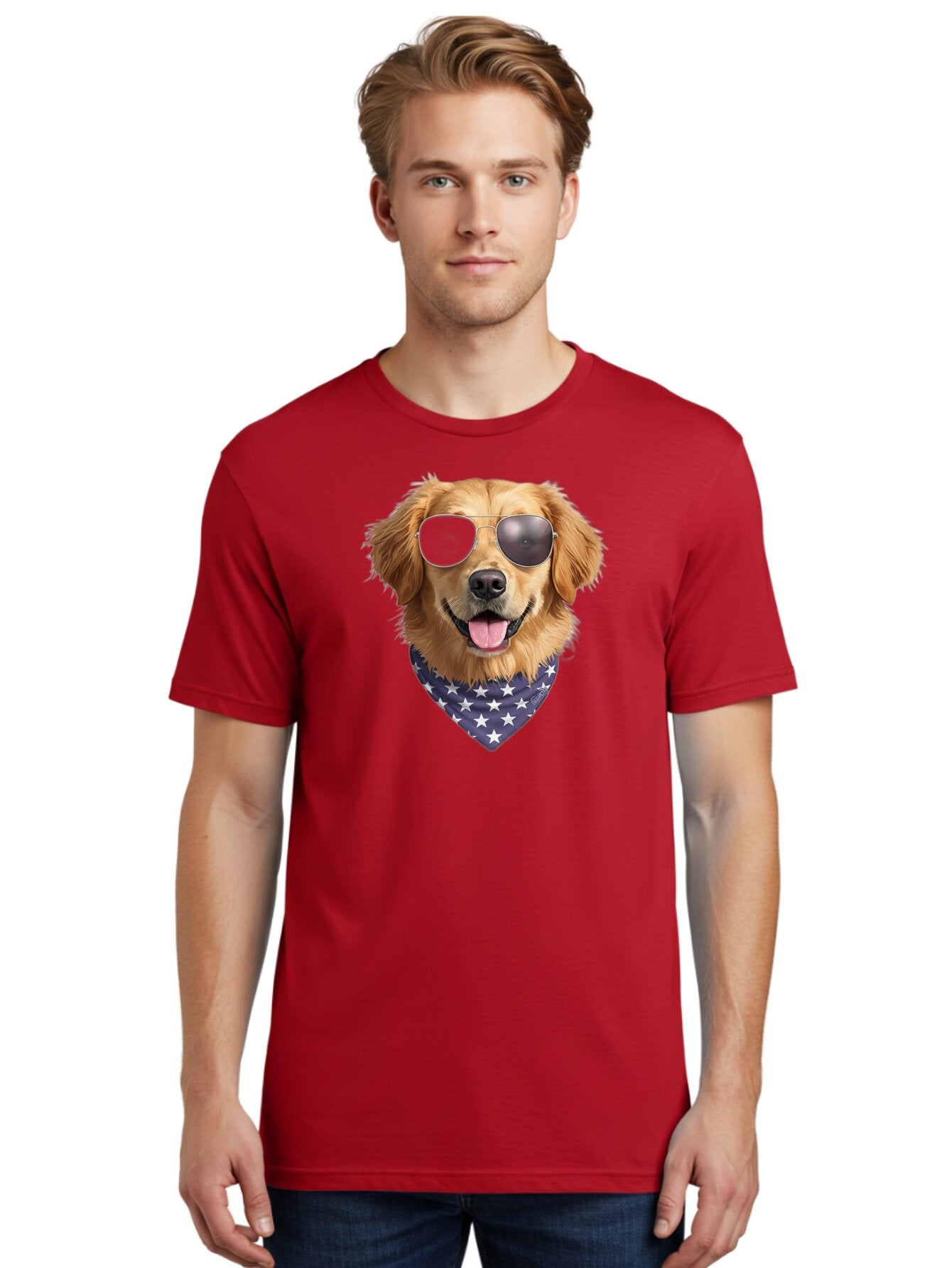 Cool-Dog-1 Men'S Graphic Tee, 100% Cotton, Comfortable Casual Summer Wear, Machine Washable, Funny Dog, Golden Retriever, Sunglasses, Patriotic Bandana, White Stars, Cool Canine, Dog Portrait, Stylish Pet, Playful Pup, American Flag Style Bab812 23