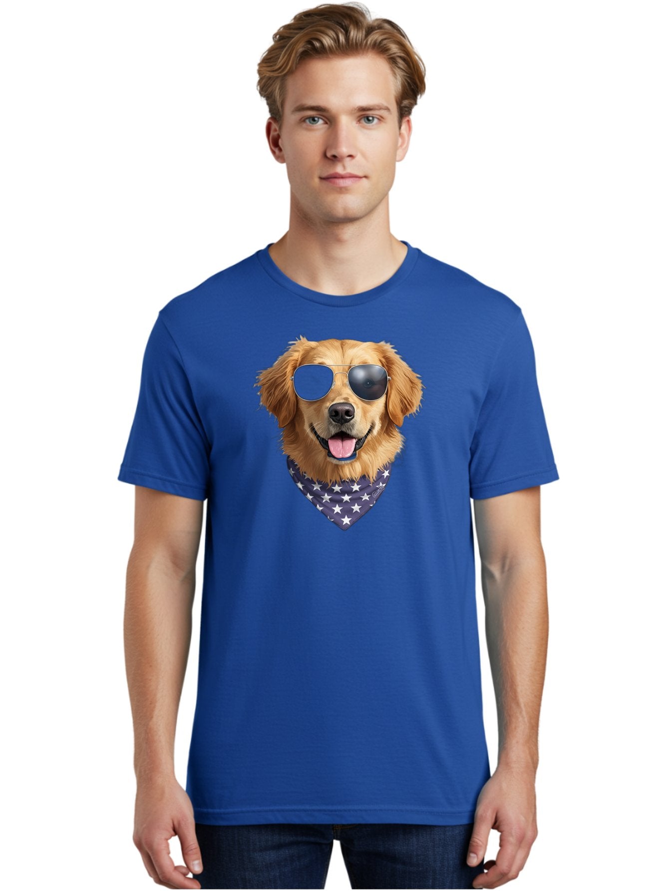 Cool-Dog-1 Men'S Graphic Tee, 100% Cotton, Comfortable Casual Summer Wear, Machine Washable, Funny Dog, Golden Retriever, Sunglasses, Patriotic Bandana, White Stars, Cool Canine, Dog Portrait, Stylish Pet, Playful Pup, American Flag Style Bab812 30