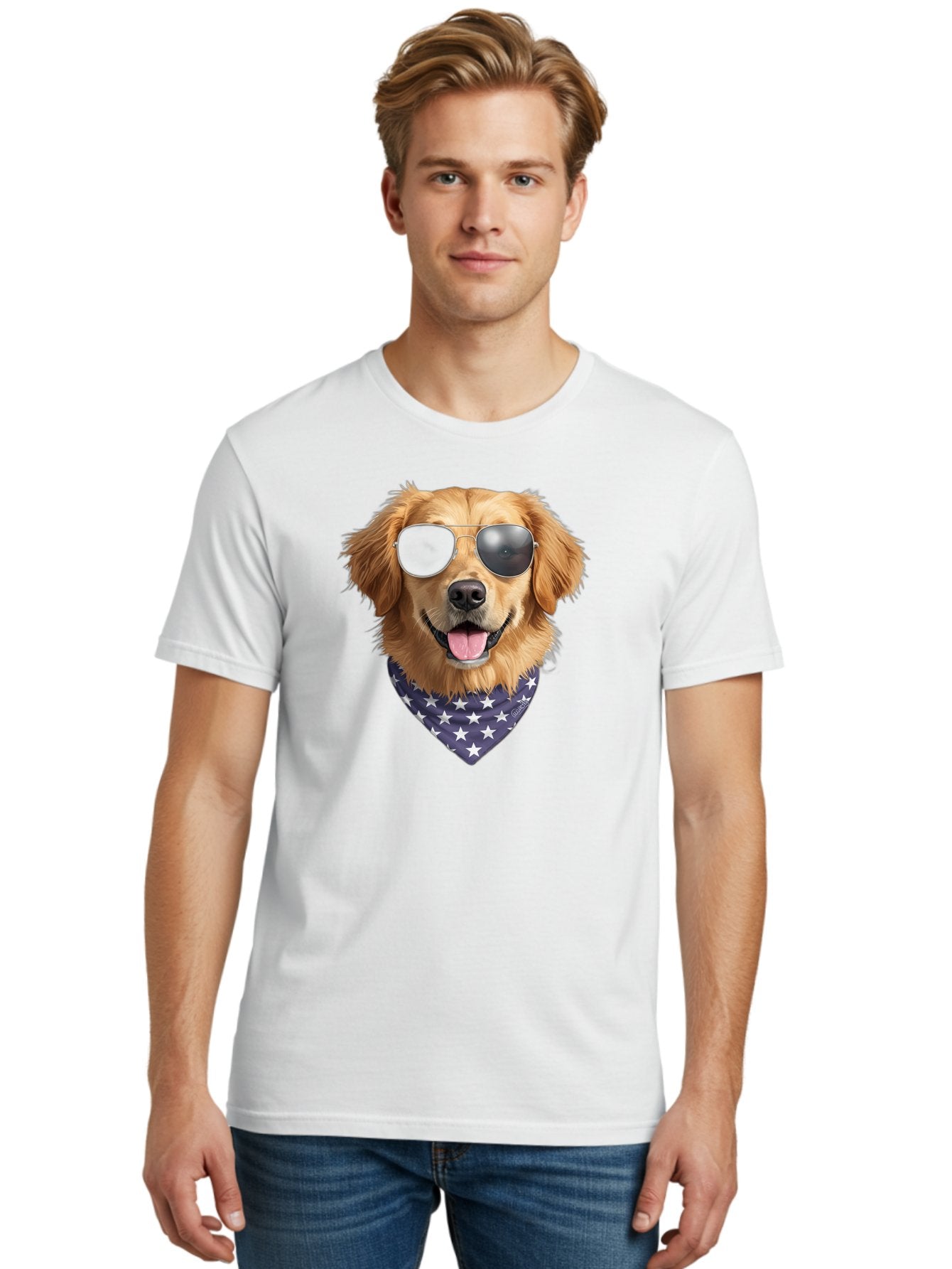 Cool-Dog-1 Men'S Graphic Tee, 100% Cotton, Comfortable Casual Summer Wear, Machine Washable, Funny Dog, Golden Retriever, Sunglasses, Patriotic Bandana, White Stars, Cool Canine, Dog Portrait, Stylish Pet, Playful Pup, American Flag Style Bab812 18
