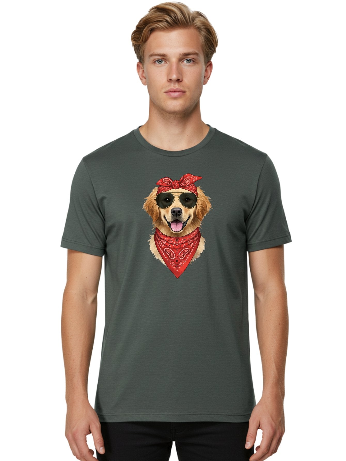 Cool-Dog Men'S Graphic Tee, 100% Cotton, Comfortable Casual Summer Wear, Machine Washable, Golden Retriever Dog, Red Bandana, Sunglasses, Cool Dog, Funny Dog, Dog Portrait, Canine Fashion, Stylish Pet Bab815 20