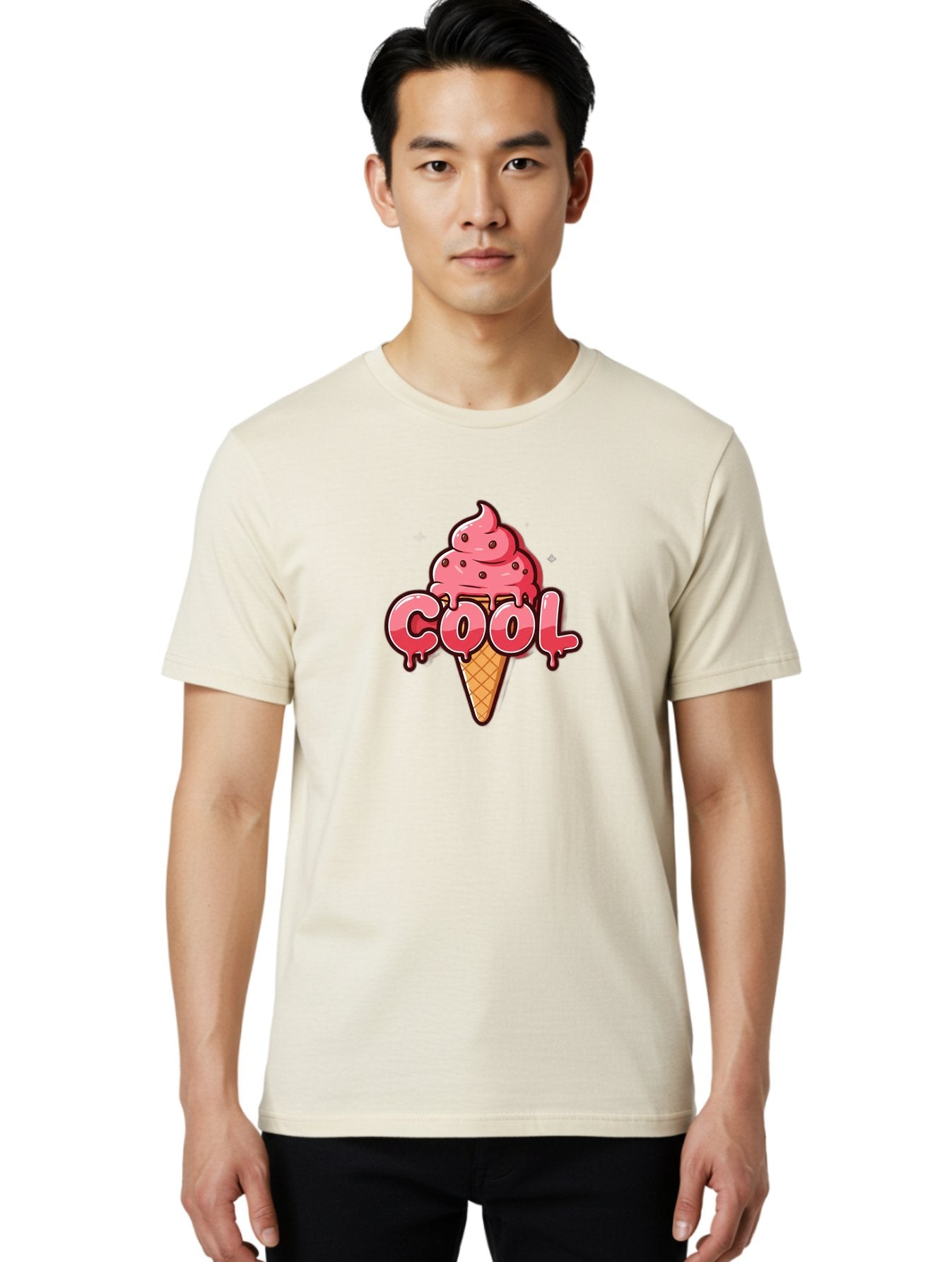 Cool-Ice-Cream Men'S Graphic Tee, 100% Cotton, Comfortable Casual Summer Wear, Machine Washable, Cool Ice Cream, Sweet Treat, Ice Cream Cone, Melting Ice Cream, Dripping Ice Cream, Summer Dessert, Chocolate Chip Ice Cream, Cartoon Illustration Bab816 16
