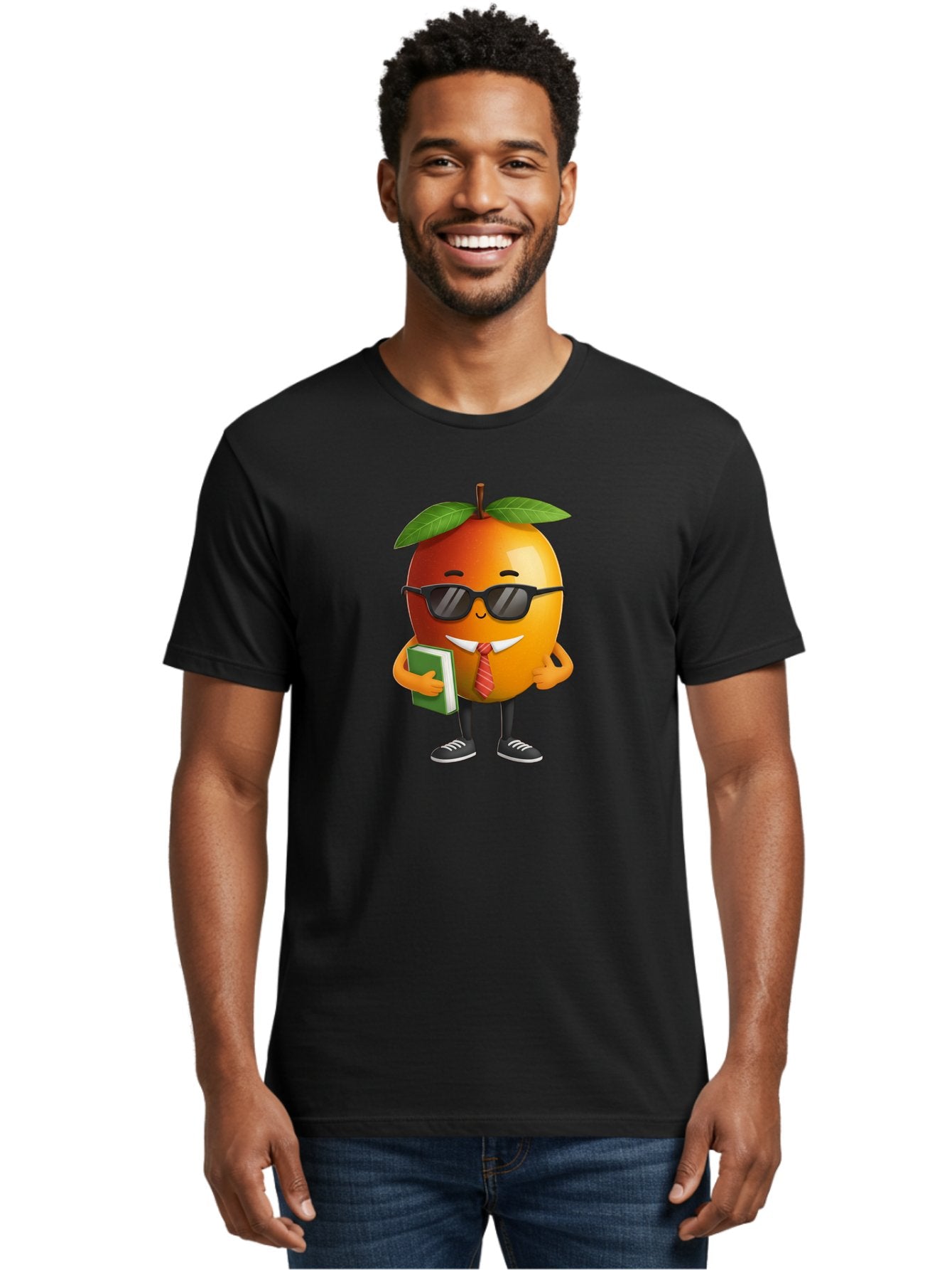 Cool-Orange Men'S Graphic Tee, 100% Cotton, Comfortable Casual Summer Wear, Machine Washable, Cartoon Orange, Sunglasses, Red Tie, Green Book, Black Shoes, Funny Character, Citrus Fruit, Happy Face, Vibrant Orange, Playful Illustration, Bab817 22