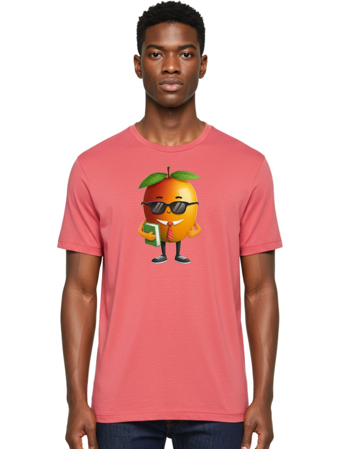 Cool-Orange Men'S Graphic Tee, 100% Cotton, Comfortable Casual Summer Wear, Machine Washable, Cartoon Orange, Sunglasses, Red Tie, Green Book, Black Shoes, Funny Character, Citrus Fruit, Happy Face, Vibrant Orange, Playful Illustration, Bab817 26