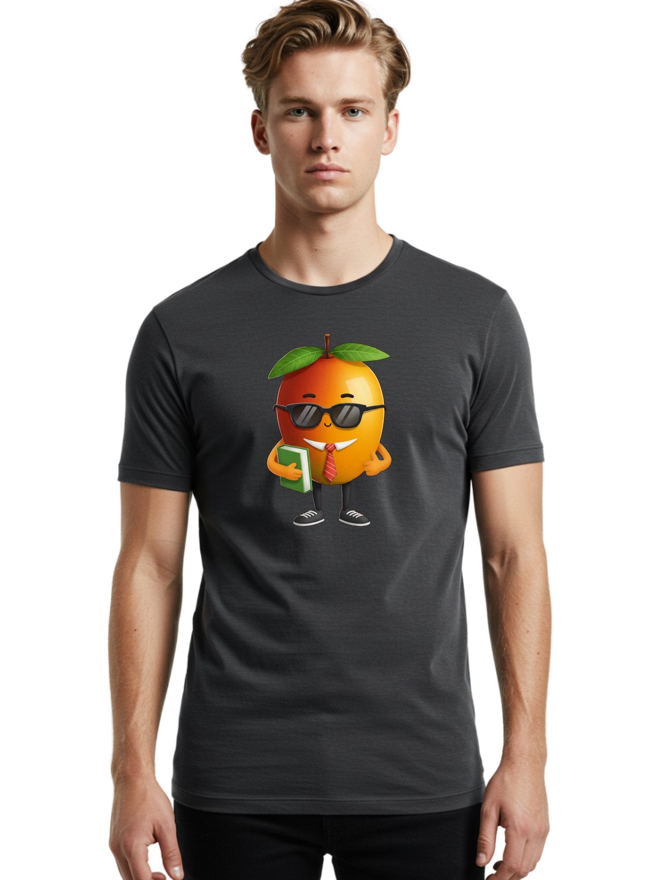 Cool-Orange Men'S Graphic Tee, 100% Cotton, Comfortable Casual Summer Wear, Machine Washable, Cartoon Orange, Sunglasses, Red Tie, Green Book, Black Shoes, Funny Character, Citrus Fruit, Happy Face, Vibrant Orange, Playful Illustration, Bab817 25