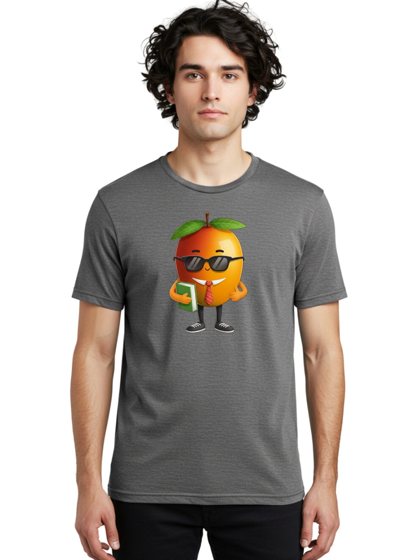 Cool-Orange Men'S Graphic Tee, 100% Cotton, Comfortable Casual Summer Wear, Machine Washable, Cartoon Orange, Sunglasses, Red Tie, Green Book, Black Shoes, Funny Character, Citrus Fruit, Happy Face, Vibrant Orange, Playful Illustration, Bab817 17