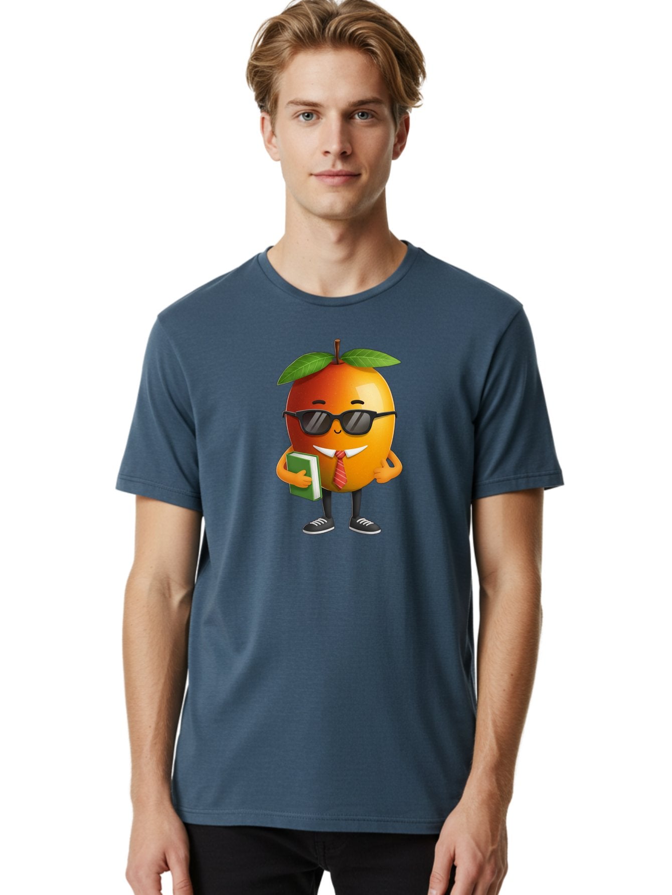 Cool-Orange Men'S Graphic Tee, 100% Cotton, Comfortable Casual Summer Wear, Machine Washable, Cartoon Orange, Sunglasses, Red Tie, Green Book, Black Shoes, Funny Character, Citrus Fruit, Happy Face, Vibrant Orange, Playful Illustration, Bab817 18