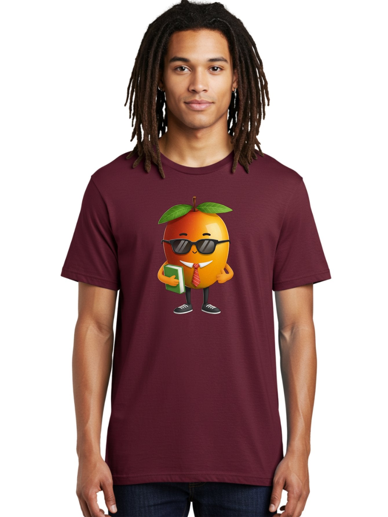 Cool-Orange Men'S Graphic Tee, 100% Cotton, Comfortable Casual Summer Wear, Machine Washable, Cartoon Orange, Sunglasses, Red Tie, Green Book, Black Shoes, Funny Character, Citrus Fruit, Happy Face, Vibrant Orange, Playful Illustration, Bab817 24