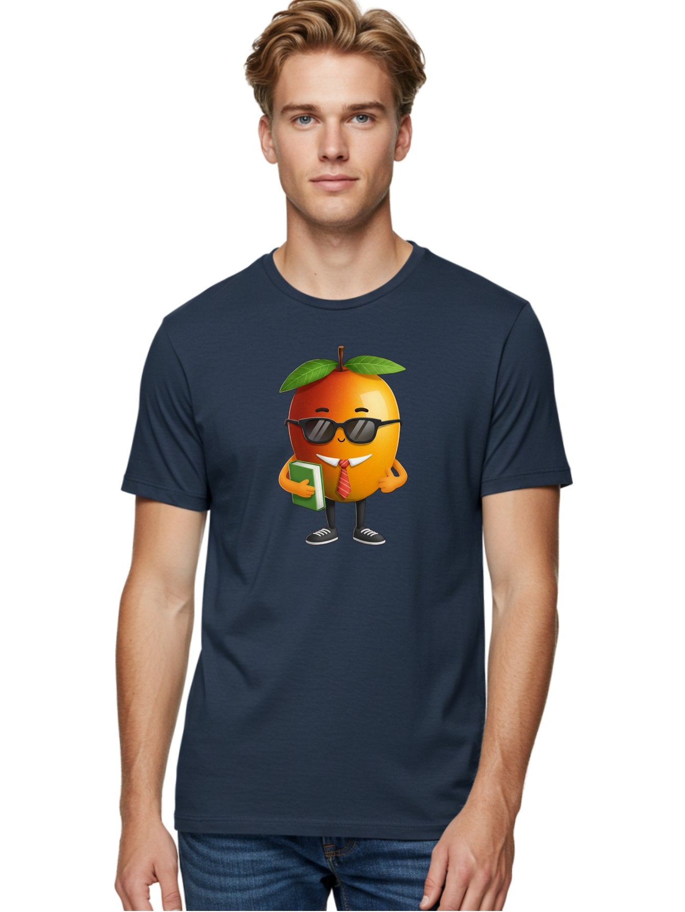 Cool-Orange Men'S Graphic Tee, 100% Cotton, Comfortable Casual Summer Wear, Machine Washable, Cartoon Orange, Sunglasses, Red Tie, Green Book, Black Shoes, Funny Character, Citrus Fruit, Happy Face, Vibrant Orange, Playful Illustration, Bab817 21