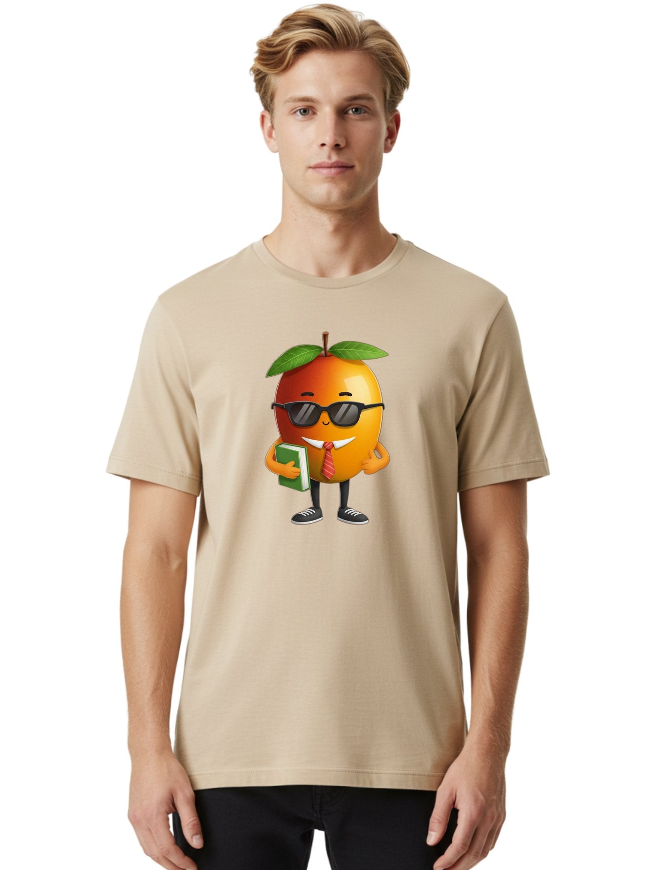 Cool-Orange Men'S Graphic Tee, 100% Cotton, Comfortable Casual Summer Wear, Machine Washable, Cartoon Orange, Sunglasses, Red Tie, Green Book, Black Shoes, Funny Character, Citrus Fruit, Happy Face, Vibrant Orange, Playful Illustration, Bab817 28