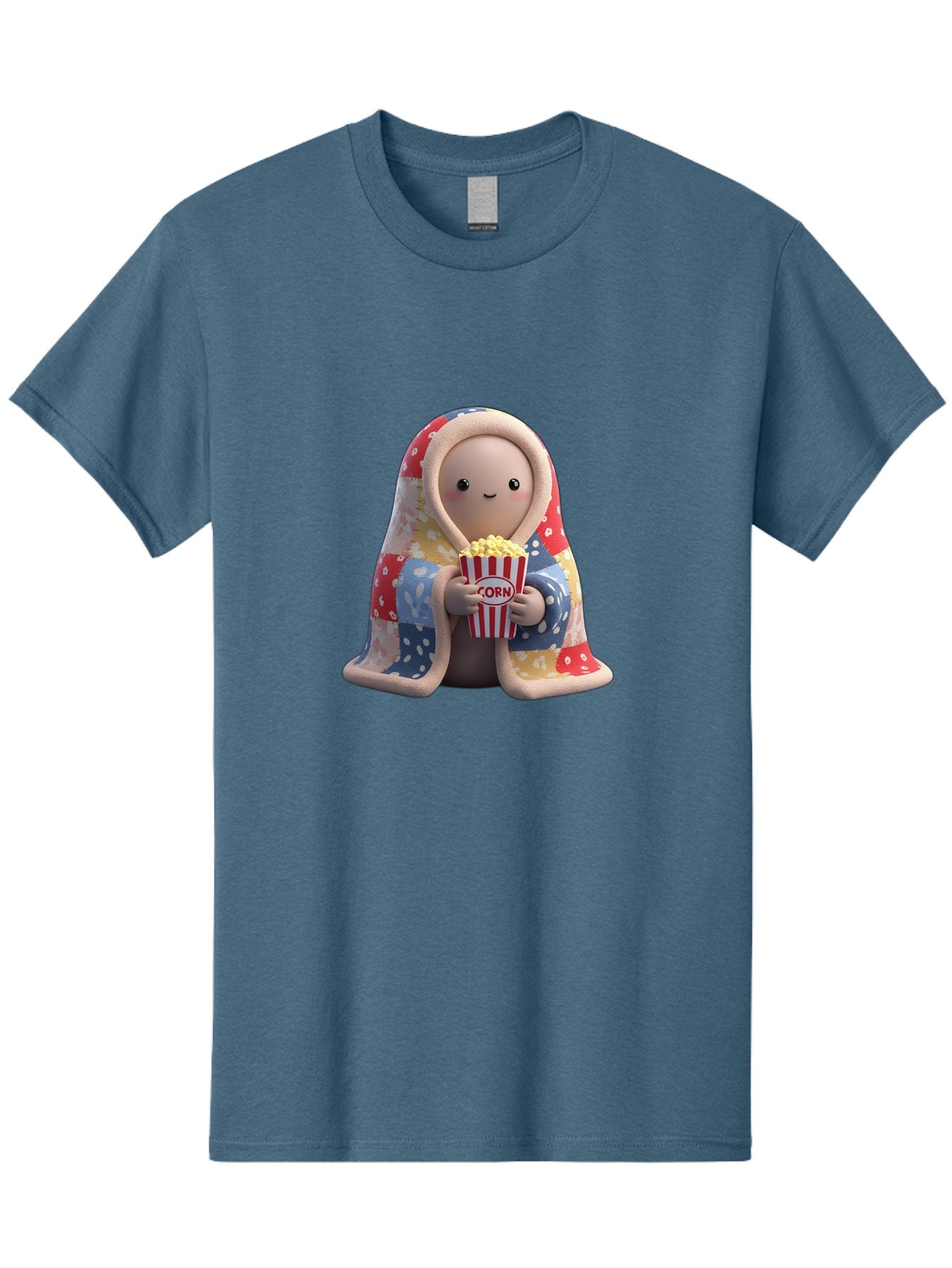 Corn Men'S Graphic Tee, 100% Cotton, Comfortable Casual Summer Wear, Machine Washable, Cartoon Character, Cozy Blanket, Popcorn Bucket, Red And White Stripes, Smiling Face, Cute Illustration, Snack Time, Movie Night, Cozy Atmosphere, Bab819 3