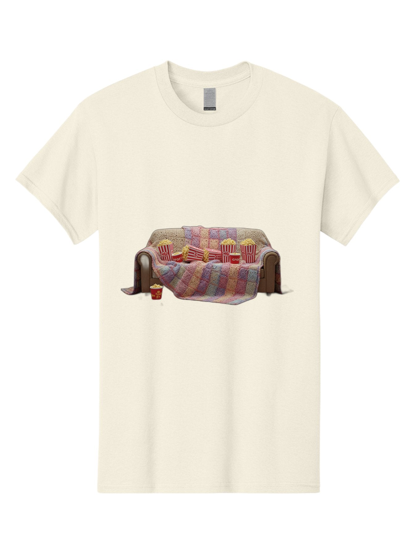 Couch-With-Popcorn-1 Men'S Graphic Tee, 100% Cotton, Comfortable Casual Summer Wear, Machine Washable, Couch With Popcorn, Movie Night Setup, Cozy Atmosphere, Snack Time, Red And White Striped Popcorn Boxes, Crochet Blanket, Home Entertainment Bab820 9