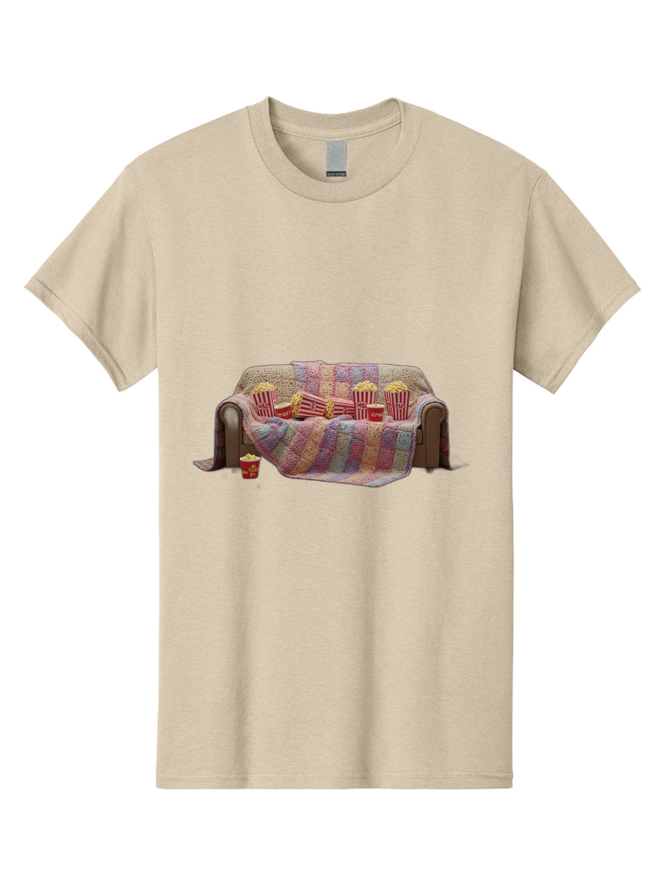 Couch-With-Popcorn-1 Men'S Graphic Tee, 100% Cotton, Comfortable Casual Summer Wear, Machine Washable, Couch With Popcorn, Movie Night Setup, Cozy Atmosphere, Snack Time, Red And White Striped Popcorn Boxes, Crochet Blanket, Home Entertainment Bab820 7