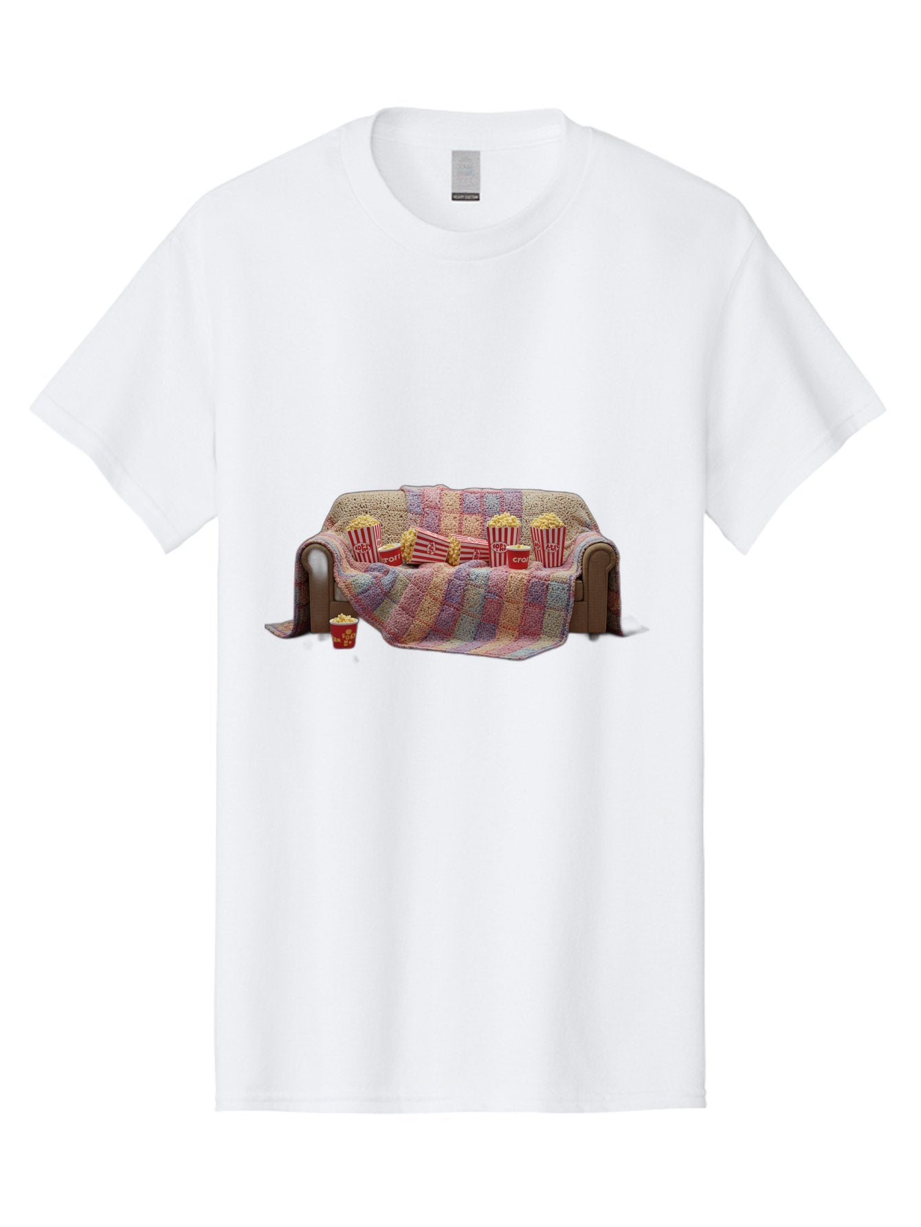 Couch-With-Popcorn-1 Men'S Graphic Tee, 100% Cotton, Comfortable Casual Summer Wear, Machine Washable, Couch With Popcorn, Movie Night Setup, Cozy Atmosphere, Snack Time, Red And White Striped Popcorn Boxes, Crochet Blanket, Home Entertainment Bab820 4
