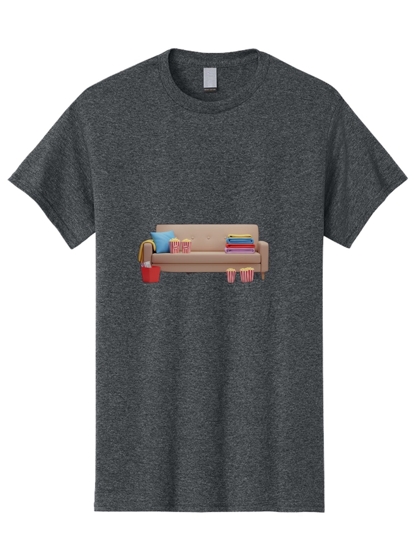 Couch-With-Popcorn Men'S Graphic Tee, 100% Cotton, Comfortable Casual Summer Wear, Machine Washable, Movie Night Setup, Cozy Home Decor, Comfortable Seating, Snacks, Popcorn Buckets, Blankets, Cozy Atmosphere, Living Room, Relaxation, Bab821 9